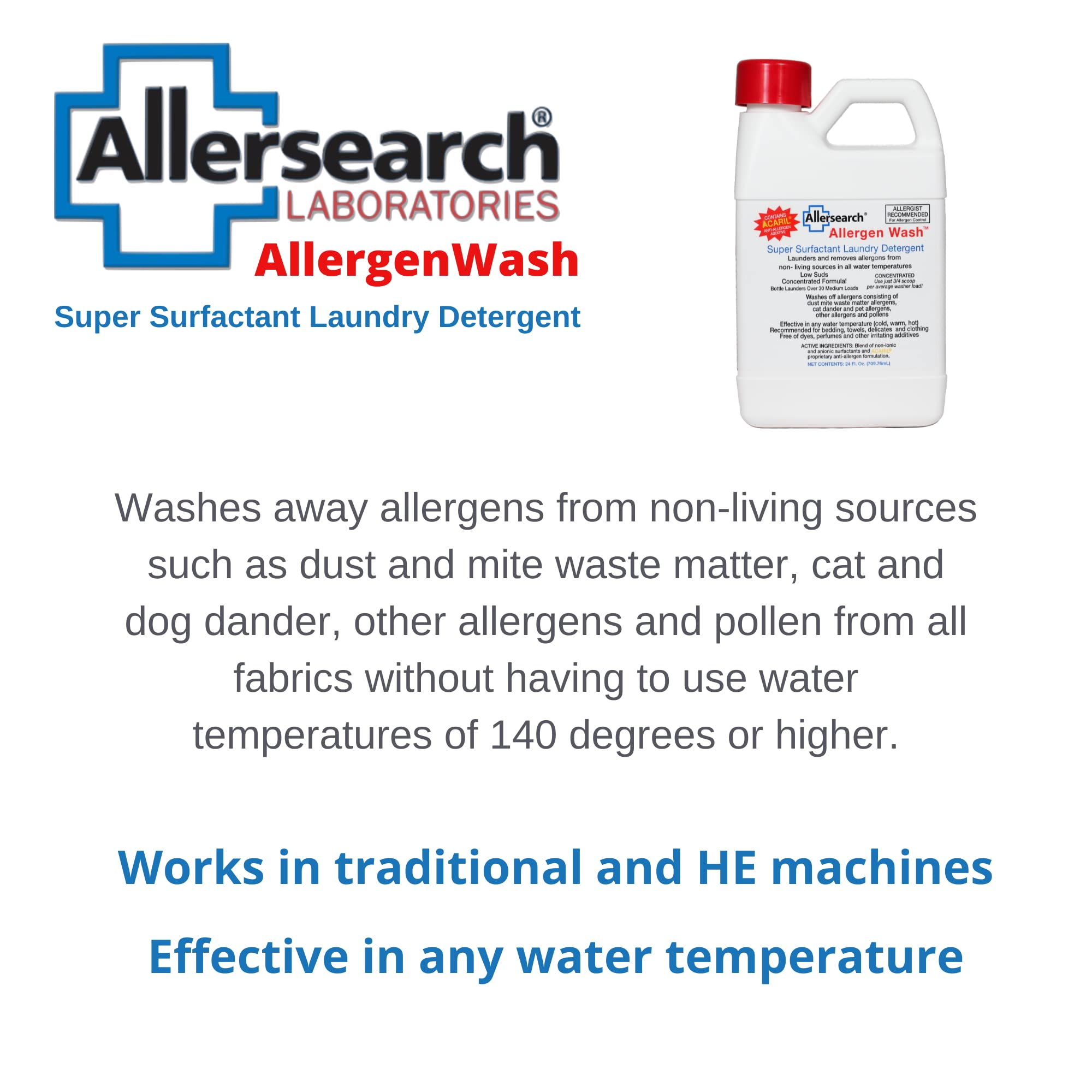 Allersearch AllergenWash 24 Oz Hypoallergenic Laundry Detergent for Sensitive Skin - Eliminates Dust Mites, Pet Dander & Pollen - Perfect for Allergy Sufferers & Baby Clothes
