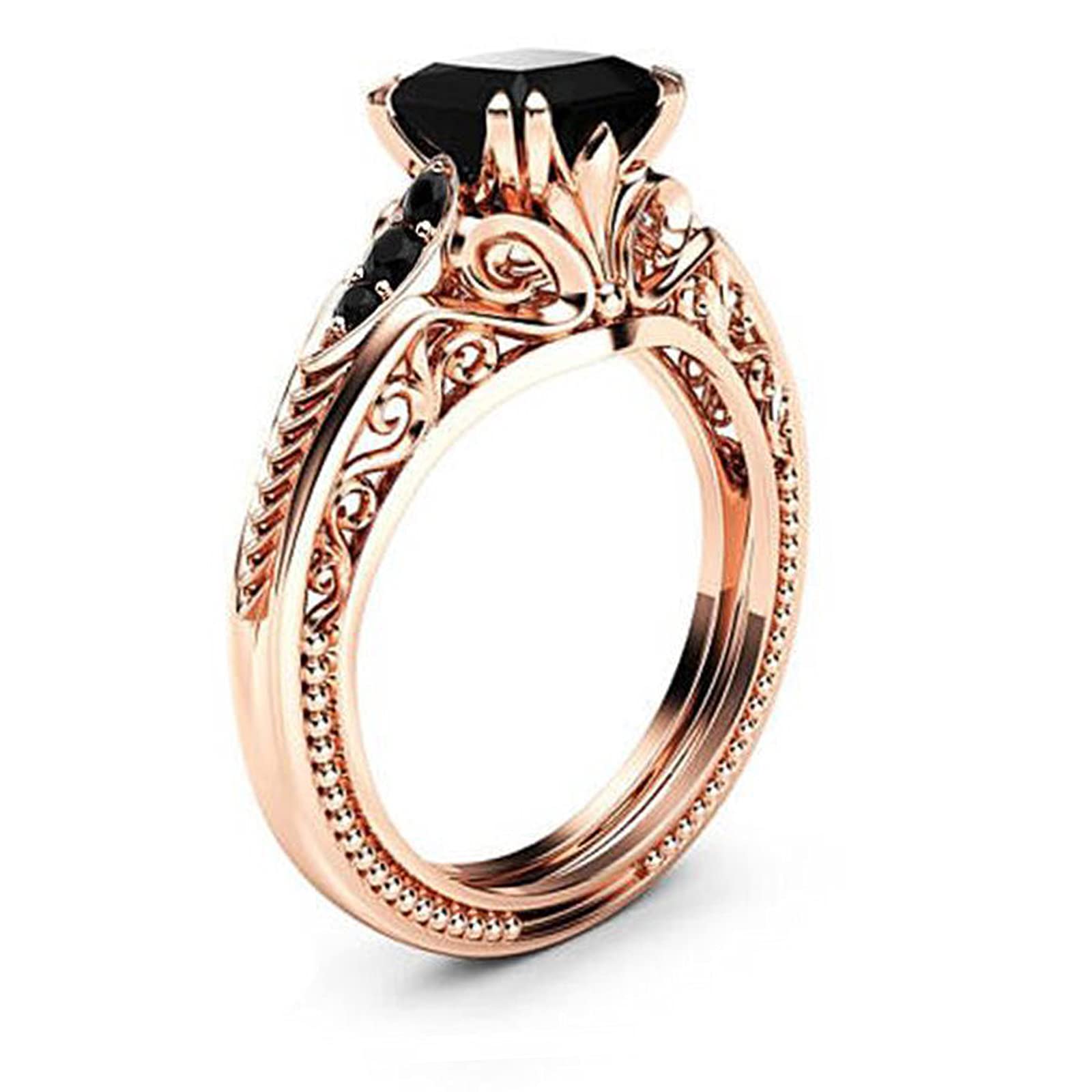 925 Sterling Silver Shiny Full Diamond Black Gemstone Ring - Cubic Zirconia CZ Wedding Band for Women (Golden, Size 8) | Elegant Engagement, Anniversary Gift & Everyday Jewelry for Special Occasions