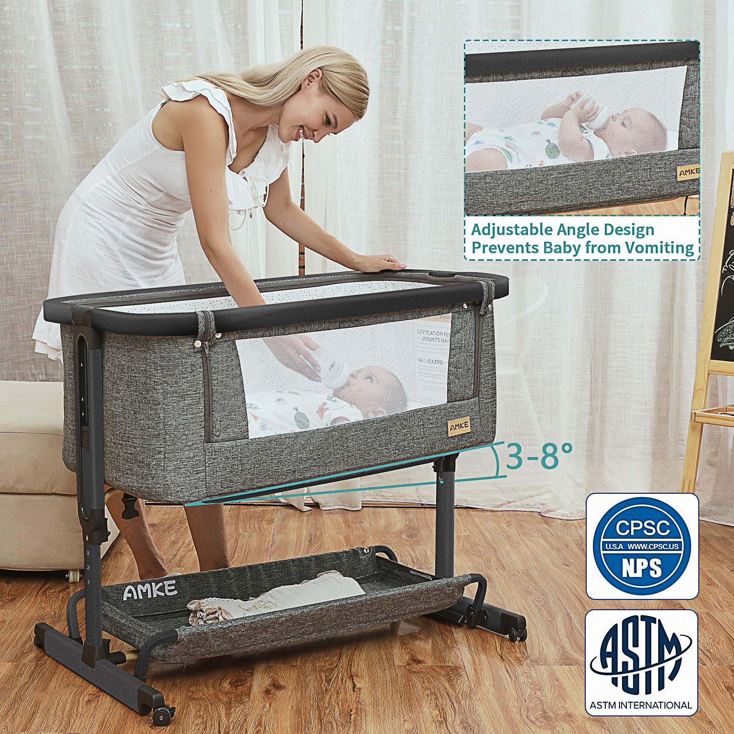 AMKE 3-in-1 Baby Bassinet with Storage Basket - Adjustable Bedside Sleeper Crib for Newborns & Infants, Breathable Mesh Portable Baby Bed - Perfect for Nursery, Bedroom & Travel (Easy Assembly)