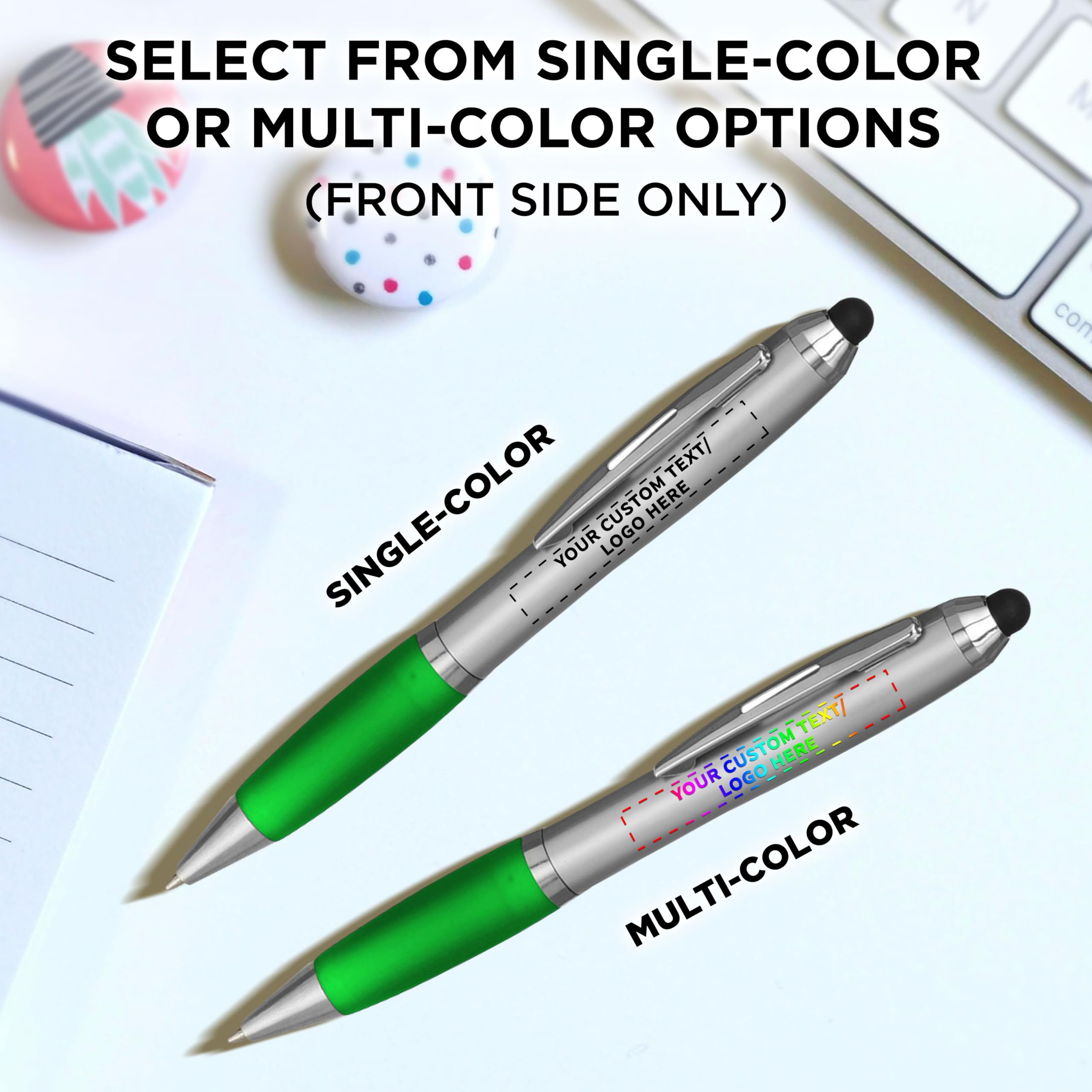 100-Pack Custom Stylus Ballpoint Pens with Black Ink - Bulk Personalized Promotional Pens for Office, School, Business, Tradeshows & Events - Perfect for Branding, Giveaways and Everyday Writing (Green)