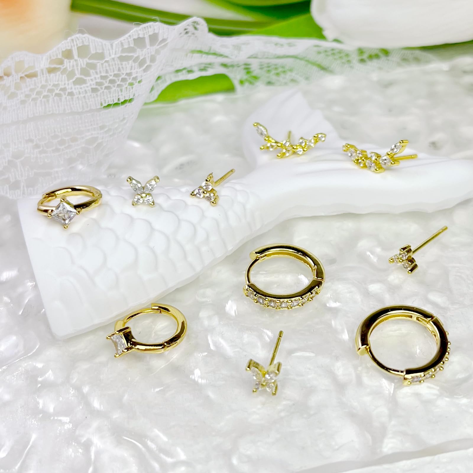 Hypoallergenic 14K Gold Plated Cartilage Stud Earrings for Women - Trendy Dainty Earring Stack Set with Small Huggie Hoops | Perfect for Multiple Piercing Styles & Everyday Wear