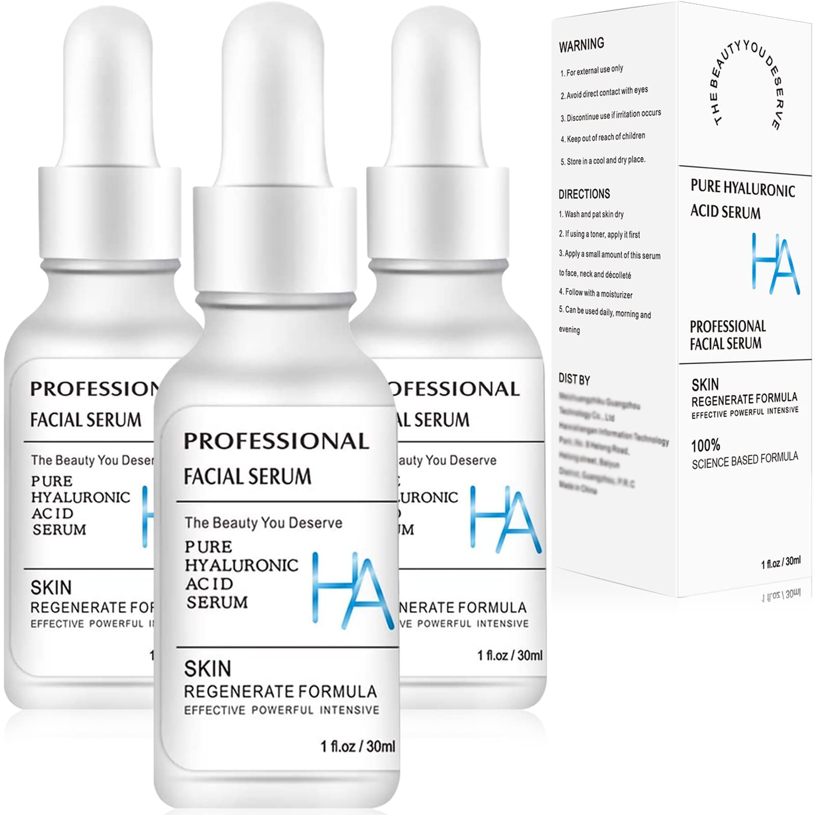 3 Pack Pure Hyaluronic Acid Serum for Face - Vitamin C Facial Moisturizer for Wrinkle Repair, Brightening & Hydrating Dry Skin (1Fl.Oz/30ml) | Anti-Aging Skincare for Day & Night Use, Perfect for Daily Moisturizing Routine