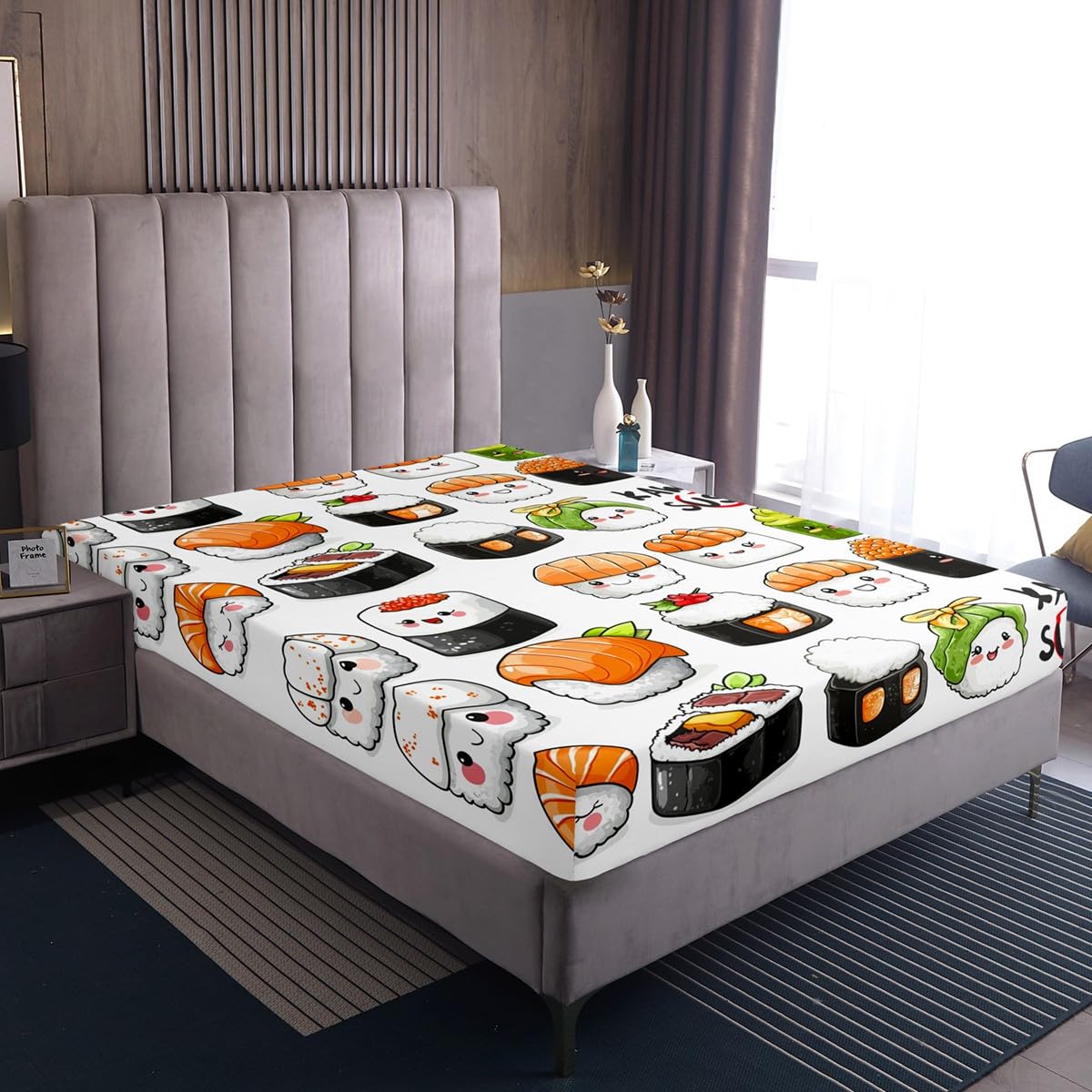 Japanese Kawaii Sushi Bed Sheet Set Queen Size - 4 Piece Funny Food Themed Bedding (Fitted Sheet, Flat Sheet, 2 Pillowcases) for Kids Room Decor | Cute Anime Style Bedroom Accessories for Teen Girls & Boys
