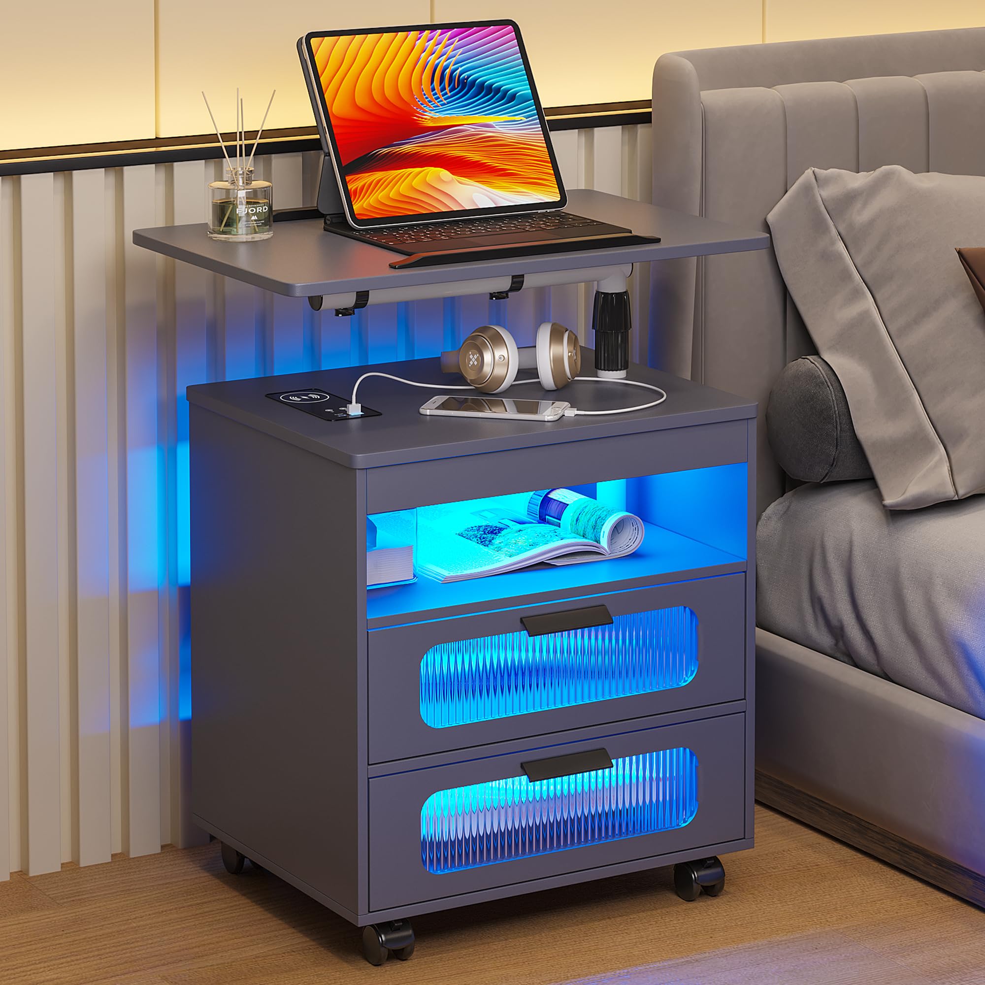 Wireless Charging Nightstand with LED Lights & Adjustable Rotary Workstation - Modern Smart Bedside Table with 2 Drawers, Sensor Light & Wheels for Bedroom (Grey) - Perfect for Charging Devices & Organizing Essentials by Your Bed