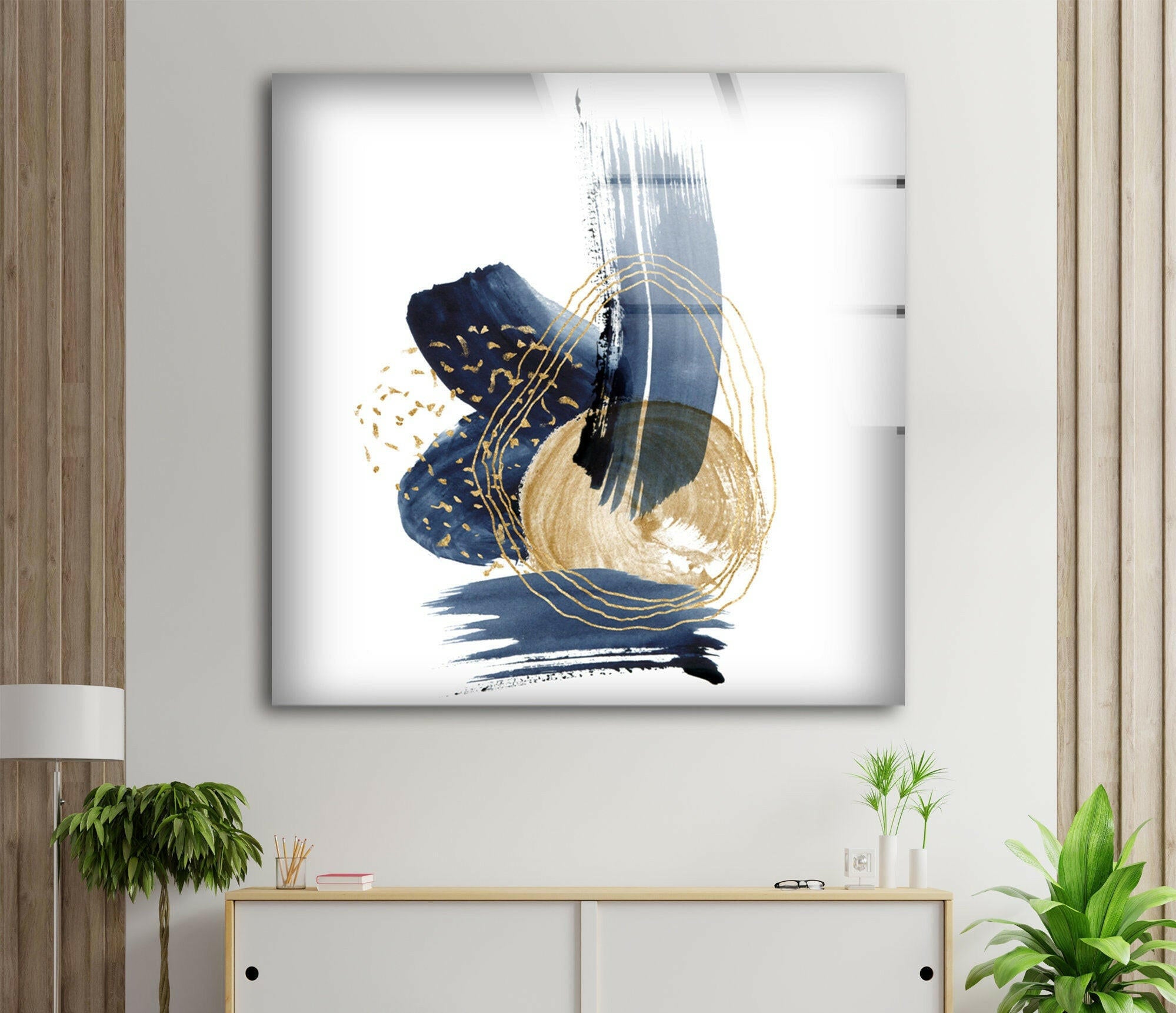 Blue Gold Abstract Painting Glass Wall Art - Modern Home Decor for Living Room, Bedroom & Office - Handmade Glass Wall Hanging for Unique Interior Design