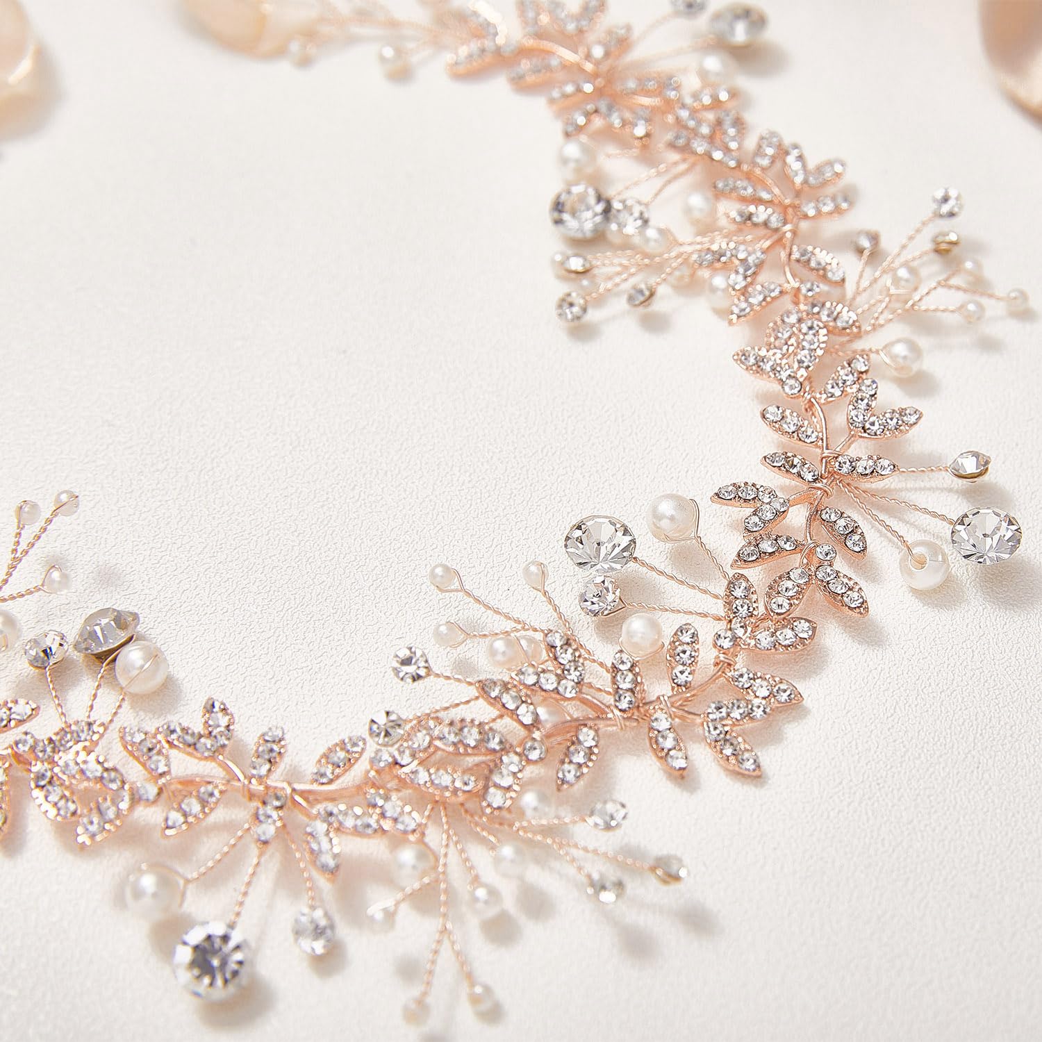 SWEETV Rose Gold Crystal Wedding Headband with Pearls & Rhinestones – Elegant Bridal Hair Vine for Women, Perfect for Weddings, Prom, and Formal Events
