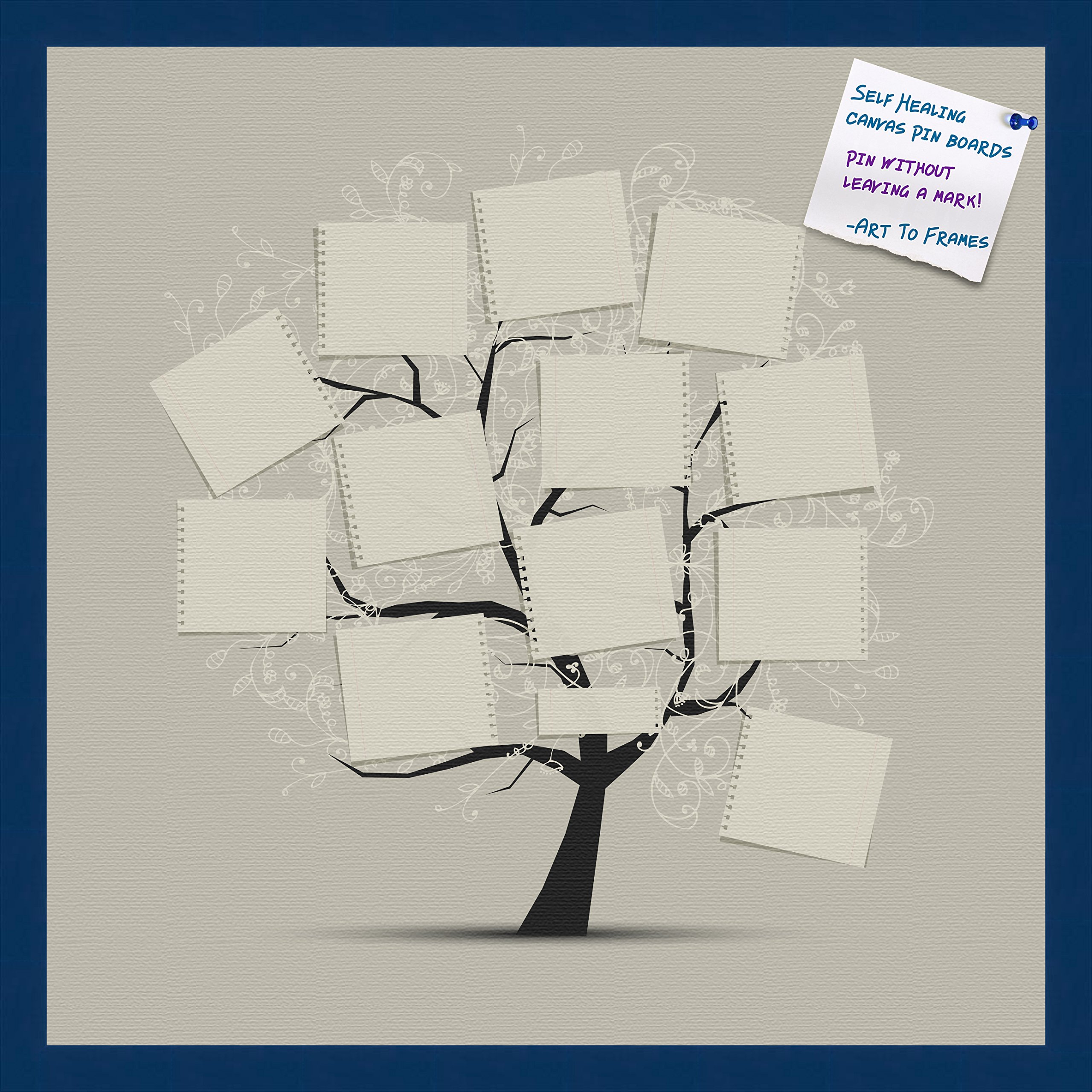 PinPix 24x24 Inch Decorative Cork Bulletin Board - Canvas Abstract Family Tree Design with Notepad & Text Cards, Blue Stained Beech Wood Frame (PinPix-788) | Perfect for Home Office, Dorm Room & Gift Ideas