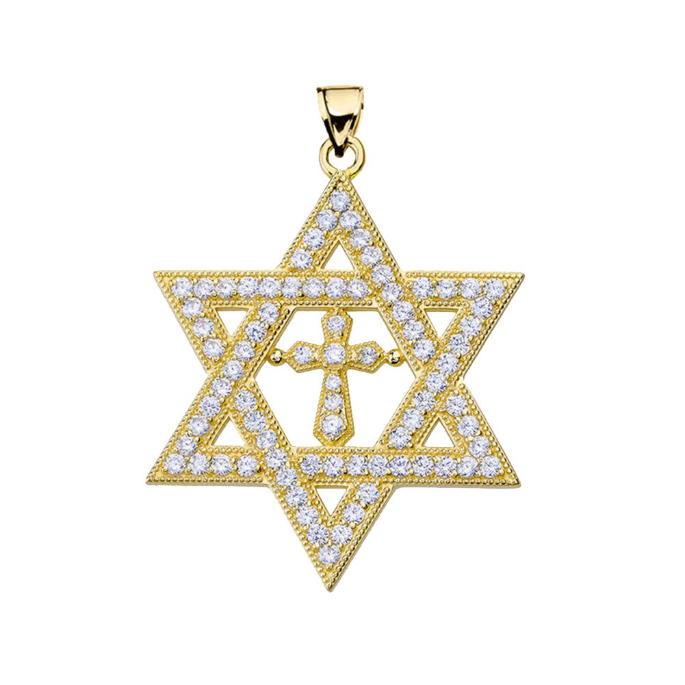 10K Yellow Gold Diamond Star of David Cross Pendant Necklace - 1.4 Inch Religious Jewelry for Women, Perfect for Hanukkah, Christmas Gifts & Daily Wear
