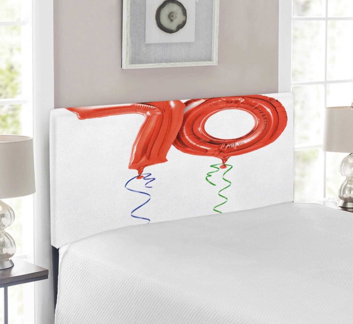 Ambesonne 70th Birthday Upholstered Headboard - Twin Size Decorative Metal Bed Frame with Memory Foam - Flying Balloons Party Design in Orange, Green & Blue - Perfect for Birthday Celebrations & Bedroom Decor