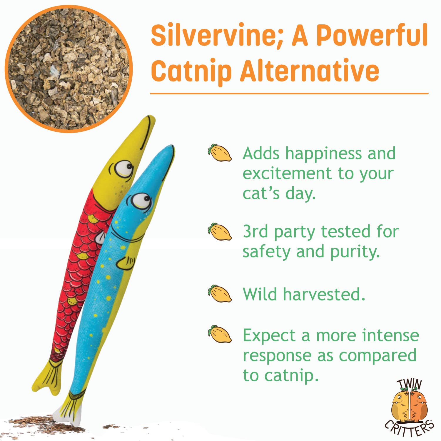 Organic Silvervine Sardine Cat Toys 2-Pack - 100% Natural Catnip Alternative for Kittens & Adult Cats | Wild Harvested Silvervine Sticks | Refillable Plush Fish Toy for Playtime & Stress Relief
