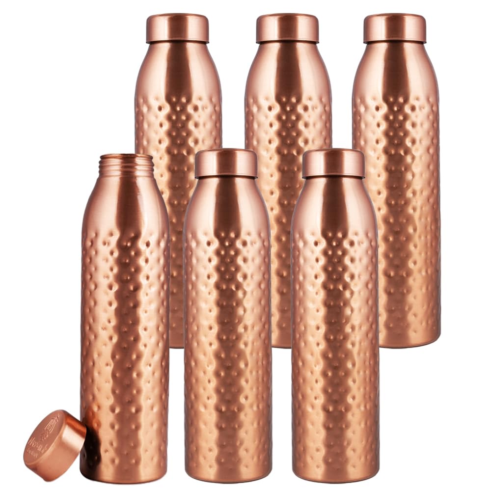 Norman Jr 1L Pure Copper Water Bottle - Set of 6 with Gift Box, Hammered Ayurvedic Copper Vessel for Healthy Hydration | Promotes Wellness, Detox & Improved Digestion | Perfect for Home, Office, Gym & Outdoor Activities