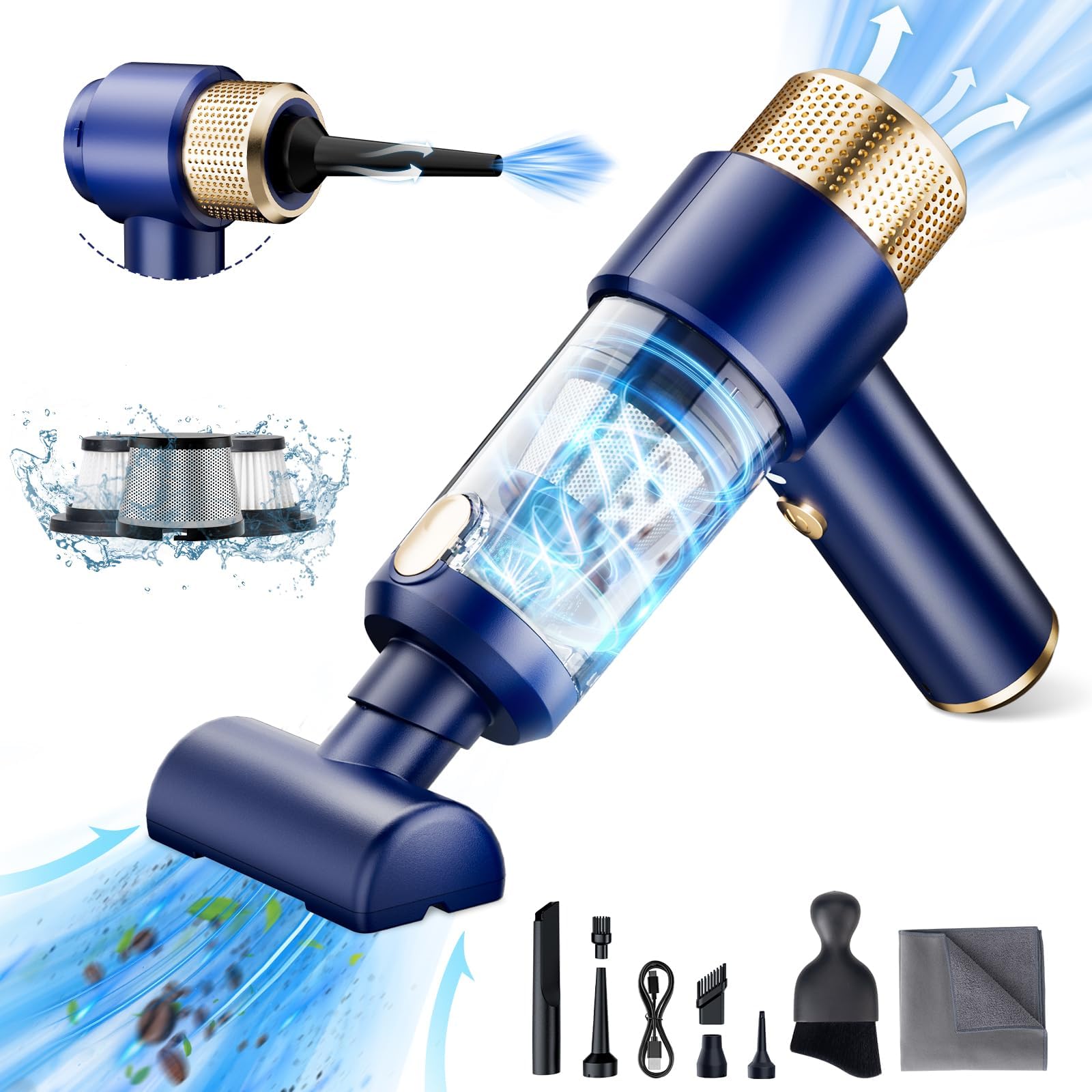 High Power Handheld Car Vacuum Cleaner - Rechargeable Mini Vacuum with LED Light & Detailing Brush for Car Interior, Home, Office, Keyboard Cleaning | Portable for Auto Detailing, Pet Hair, Dust Removal