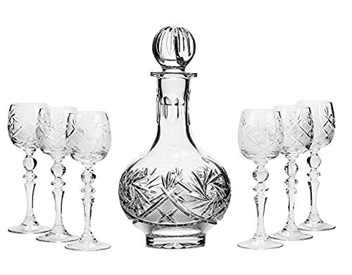 Premium 16 Oz Crystal Decanter Set with 2 Oz Shot Glasses & 6 Stemmed Liquor Glasses - 7-Piece Barware Collection for Whiskey, Vodka, Bourbon - Perfect for Home Bars, Dinner Parties & Gift Giving