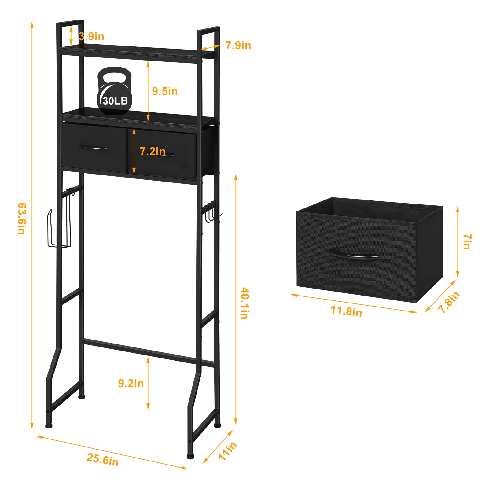 ETELI 3-Tier Over The Toilet Storage Cabinet with Fabric Drawers - Freestanding Bathroom Shelf Organizer for Space Saving, Black - Perfect for Small Bathrooms, Apartments & Dorm Rooms