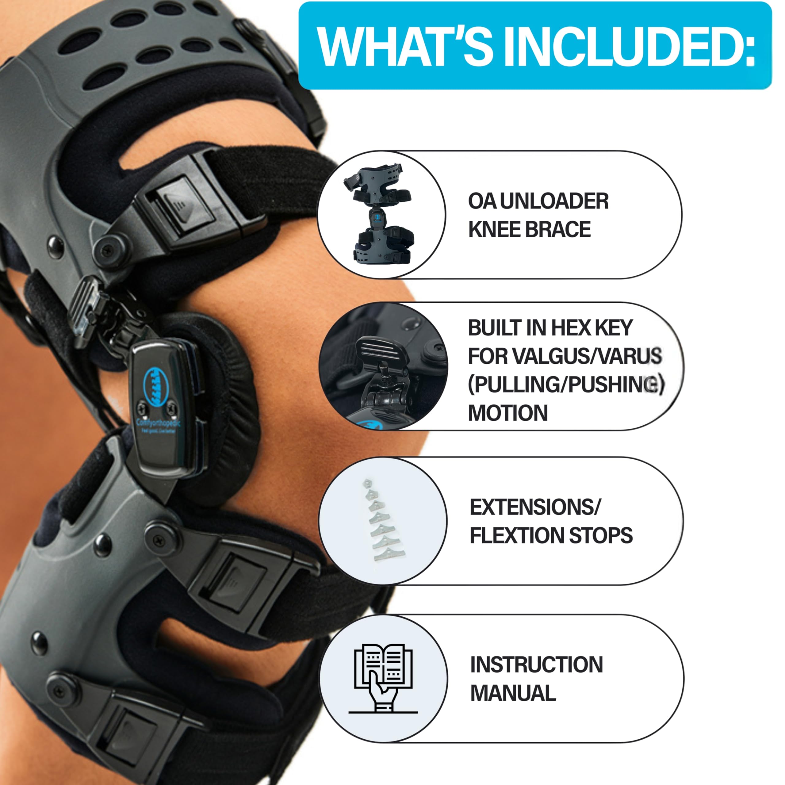 UPGRADED OA Unloader Knee Brace for Men & Women - Medial Arthritis Pain Relief, Osteoarthritis Support, Bone on Bone Cartilage Protection - Adjustable Valgus/Varus Stabilizer with Built-in Hex Key (Right Leg) - Ideal for Running, Hiking & Post-Surgery Recovery