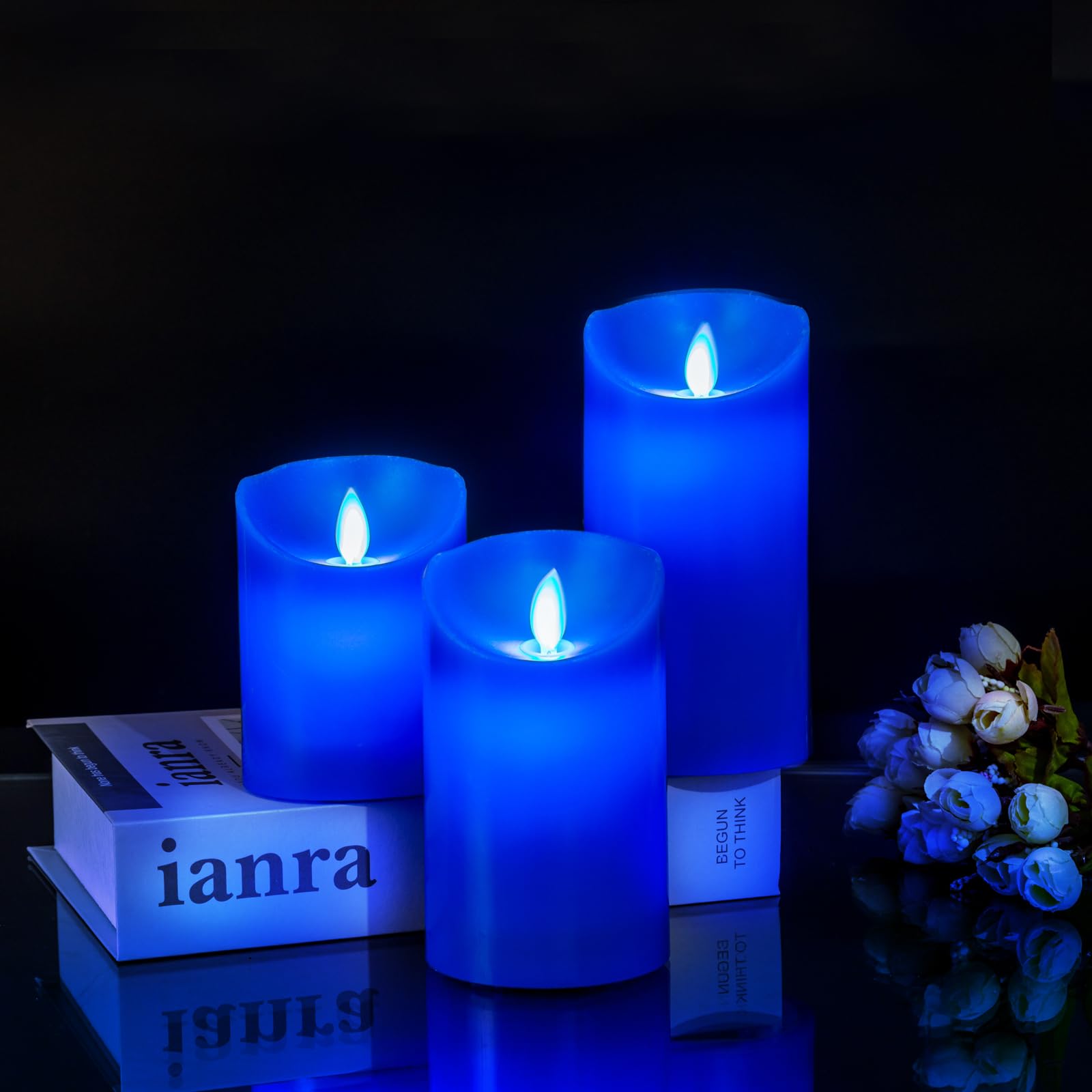 Blue Flame LED Candles with Moving Wick - Real Wax Battery Operated Flameless Candles with Remote Control, Timer & Dimmer - Perfect for Home Decor, Weddings, and Relaxation