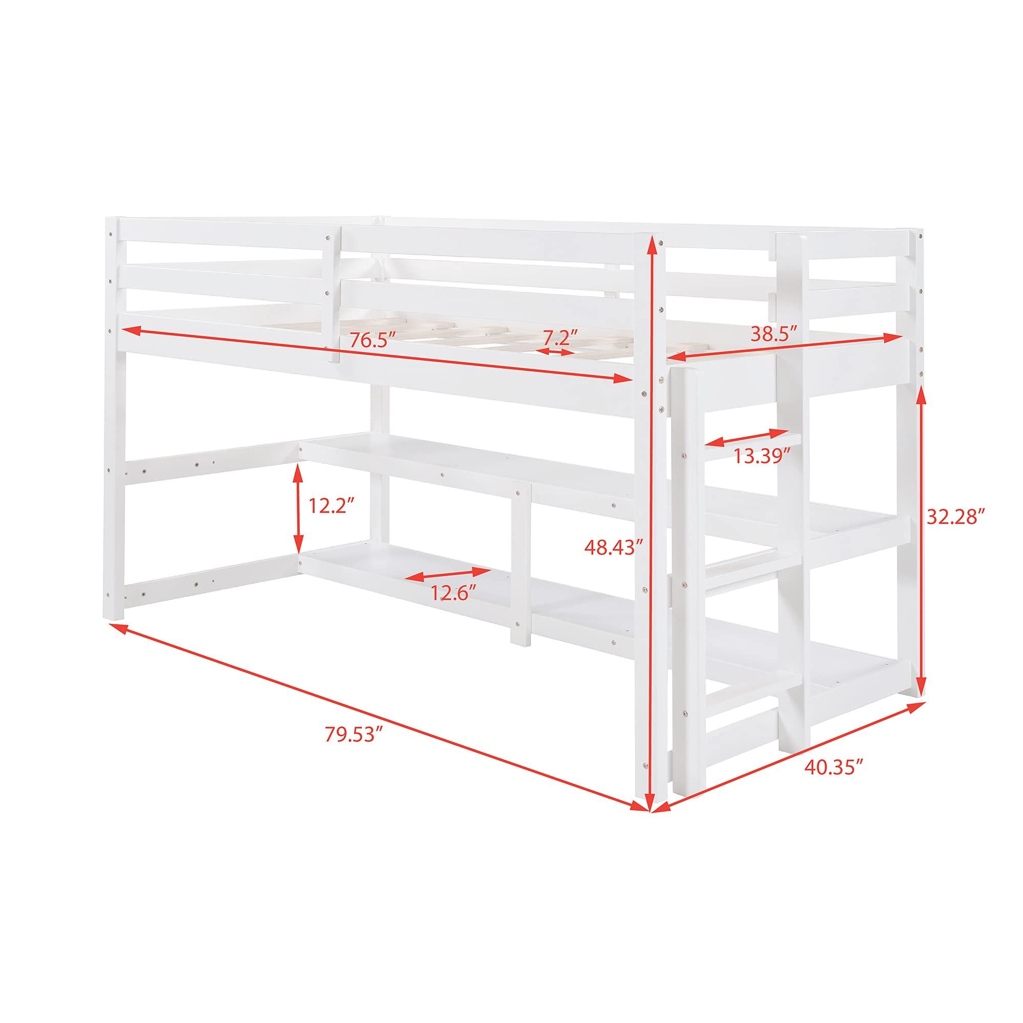 **LZ LEISURE ZONE Twin Size Wood Loft Bed with Shelves – Sturdy Low Loft Bed Frame for Kids & Teens – No Box Spring Needed – Perfect for Small Spaces & Dorm Rooms (White, Twin Loft)**