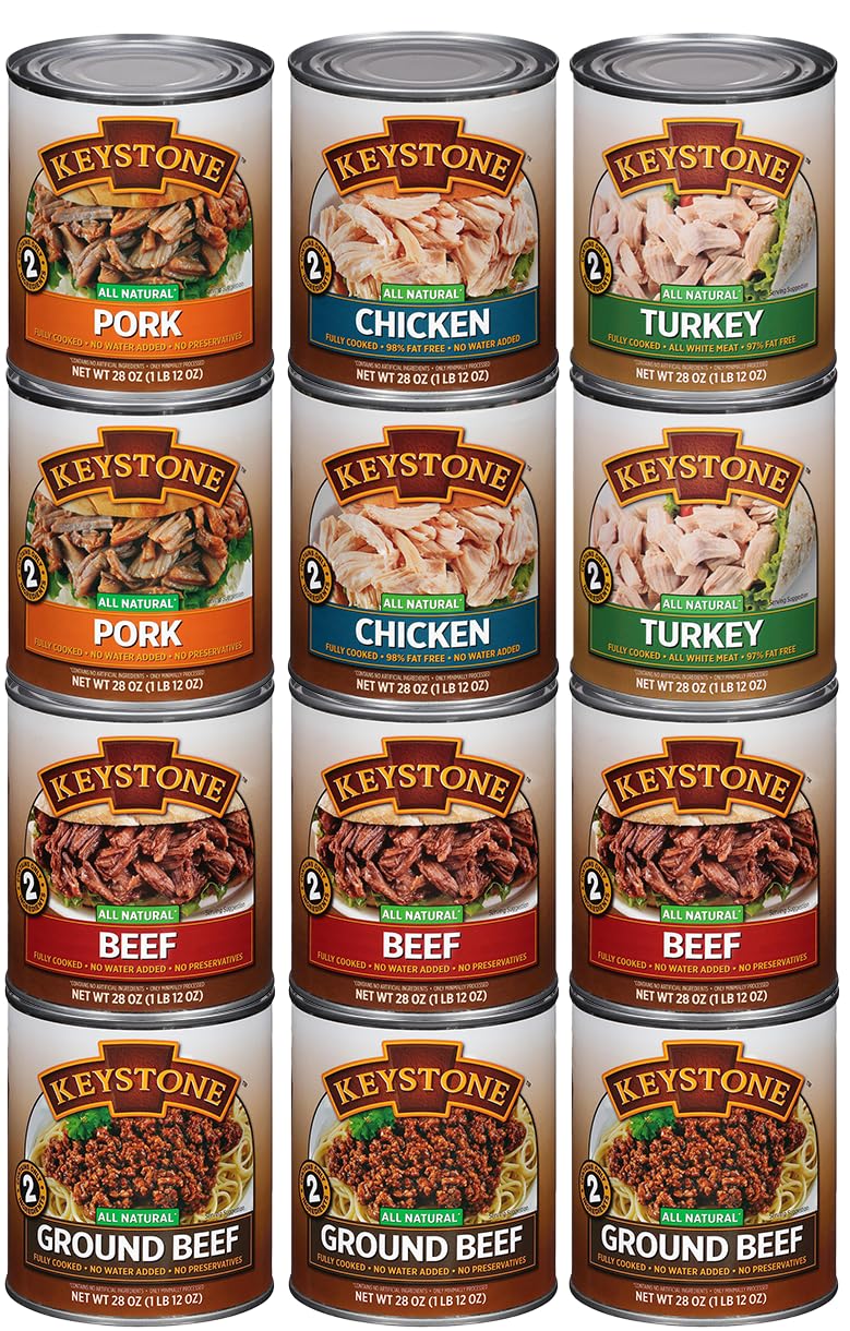 Keystone All Natural Canned Meat Variety Pack - 28oz (12 Cans) | 3 Beef, 2 Chicken, 2 Turkey, 2 Pork & 3 Ground Beef | Fully Cooked Ready-to-Eat Emergency Food | Perfect for Camping, Hiking, Survival Kits & Disaster Preparedness