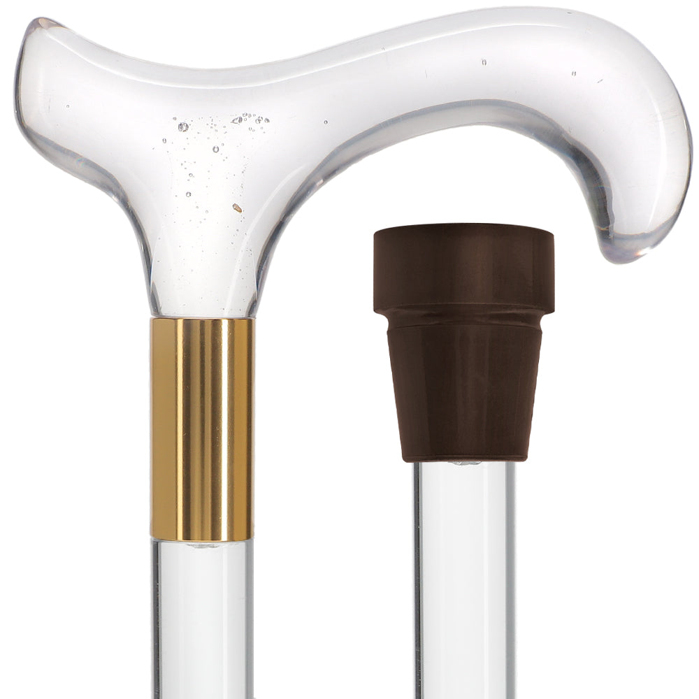 Scratch and Dent Clear Lucite Derby Handle Walking Cane with Lucite Shaft & Gold Collar - V2326 | Lightweight Mobility Aid for Seniors & Fashionable Support for Outdoor Walks