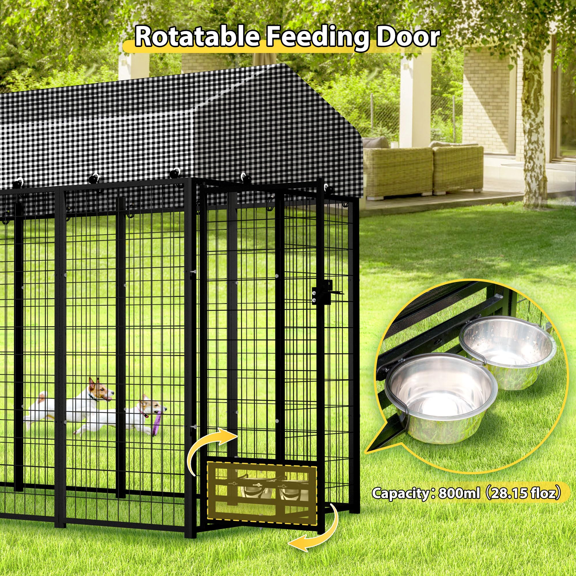8'x4'x6' Expandable Large Dog Kennel with Bowls - Indoor & Outdoor Dog Playpen, Exercise Cage, Pet Fence with Lockable Feeding Door & Roof - Perfect for Small & Large Dogs in Backyards, Patios, and Travel Use