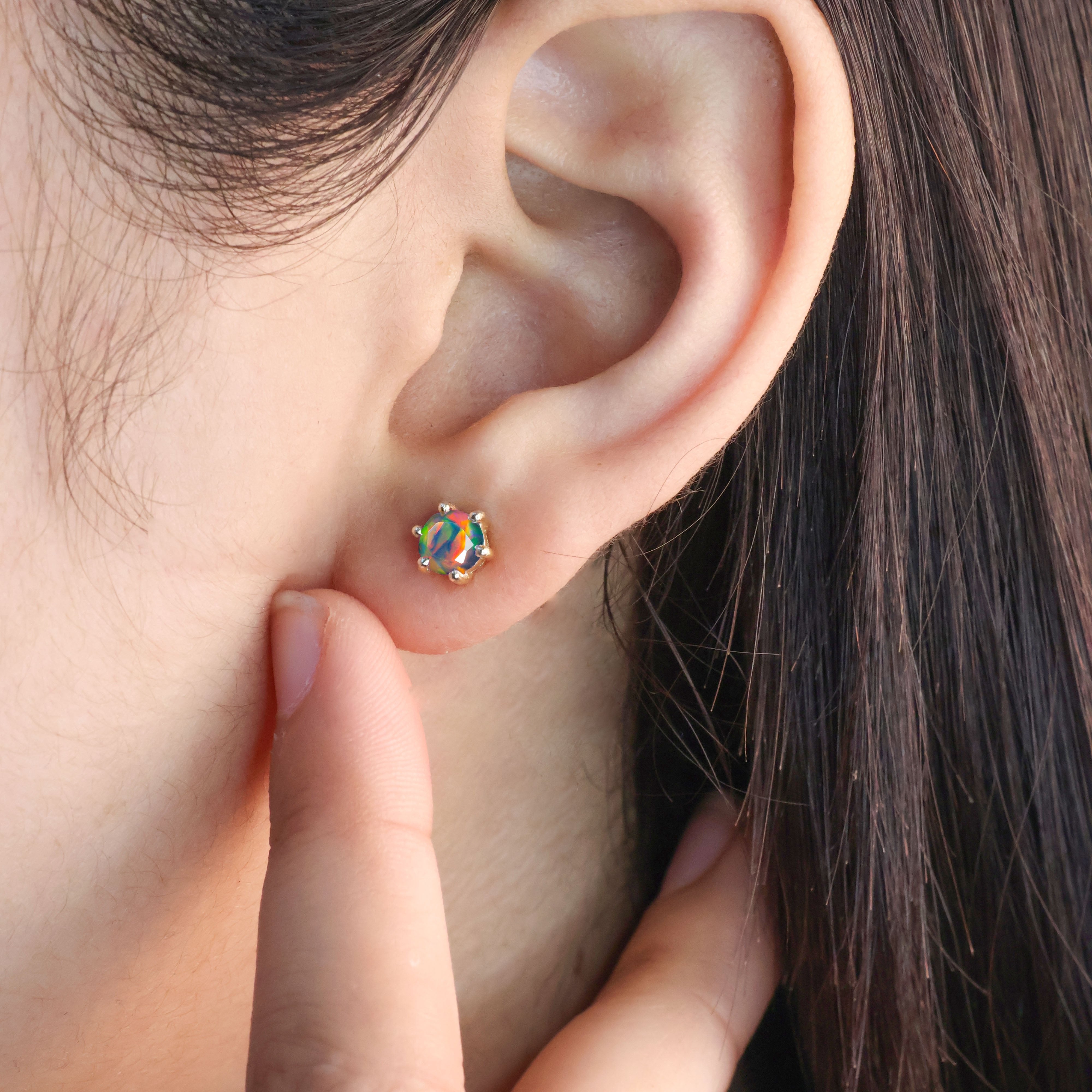 Round Black Opal Gemstone Stud Earrings for Women - Dainty Simple Elegant Earrings for Daily Wear & Special Occasions