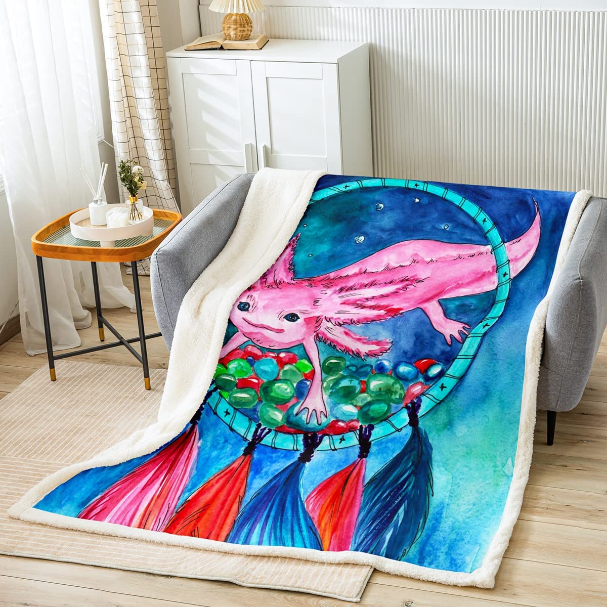 Cute Axolotl Kawaii Fleece Blanket 50x60 Inches - Watercolor Tie Dye Blue Teal Dreamcatcher Design | Soft Cozy Throw for Girls Bedroom, Living Room, Dorm Decor | Perfect Gift for Axolotl Lovers & Ocean Reptile Animal Fans