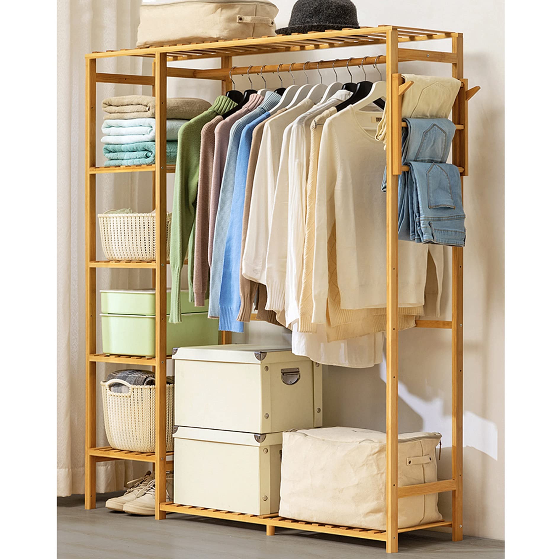 YYHJ 6-Tier Bamboo Clothing Rack - Multi-Functional Wooden Garment Organizer with Shelves for Hanging Clothes - Perfect for Bedroom, Entryway, Closet & Laundry Room Storage (123x30x145cm)