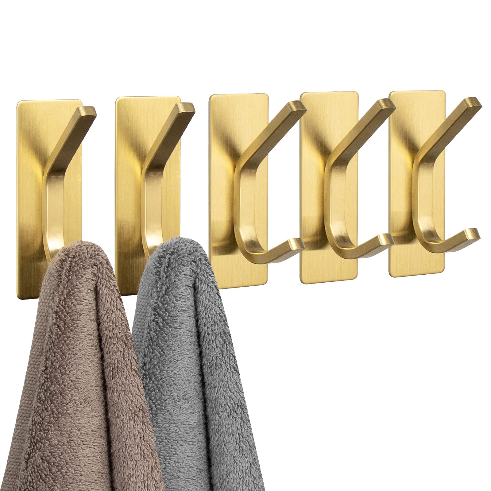 NearMoon Adhesive Hooks 5 Pack - Stainless Steel No Drill Wall Hooks for Towels, Coats, Bags, Keys & Hats - Rustproof Stick-On Hangers for Bathroom, Living Room & Kitchen - Brushed Gold Finish - Perfect for Small Space Organization & Home Decor
