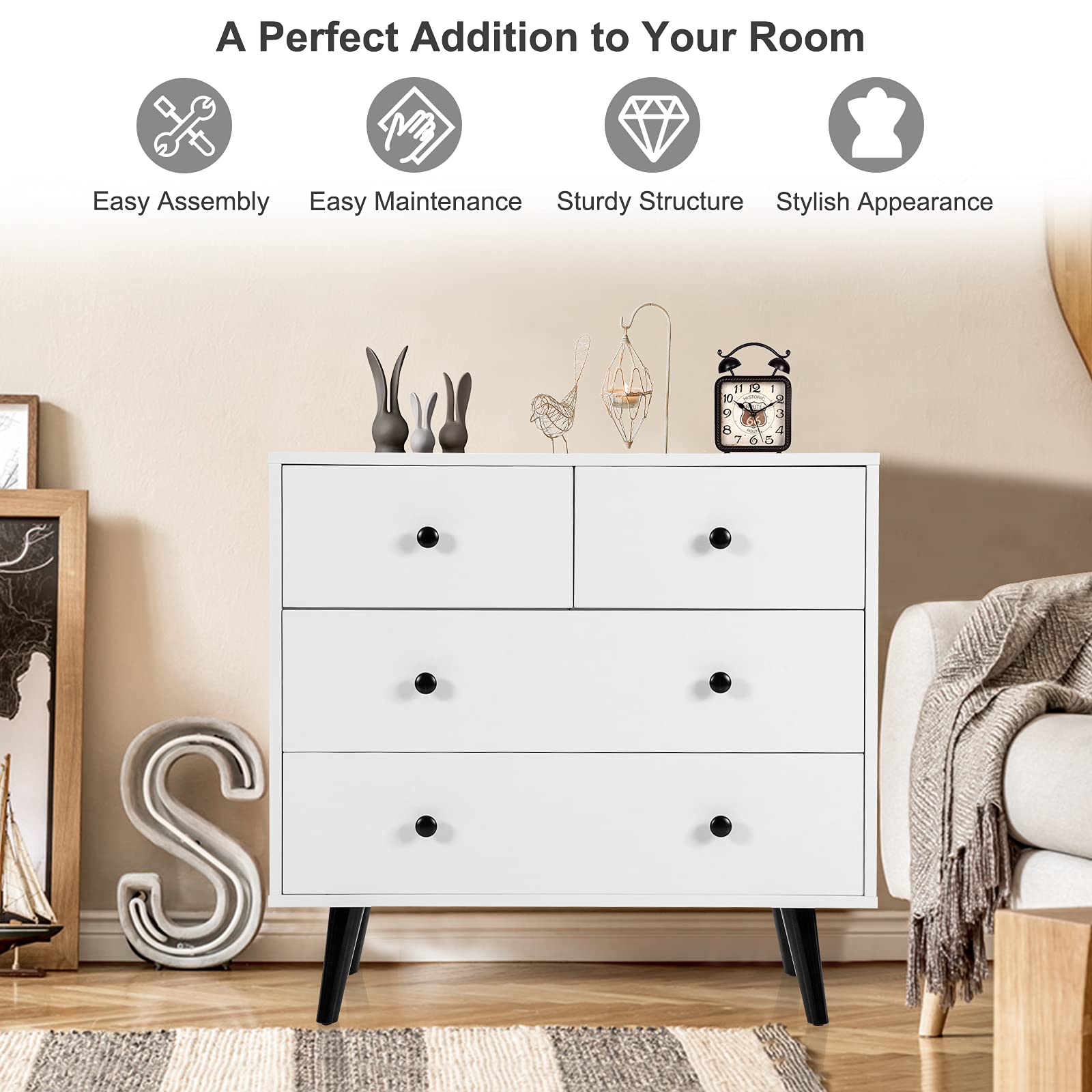 Giantex 4-Drawer Storage Cabinet with Spacious Drawers & Metal Handles - Sturdy Wooden Organizer for Living Room, Hallway, Office - White | Perfect for Home Organization, Closet Storage & Office Supplies