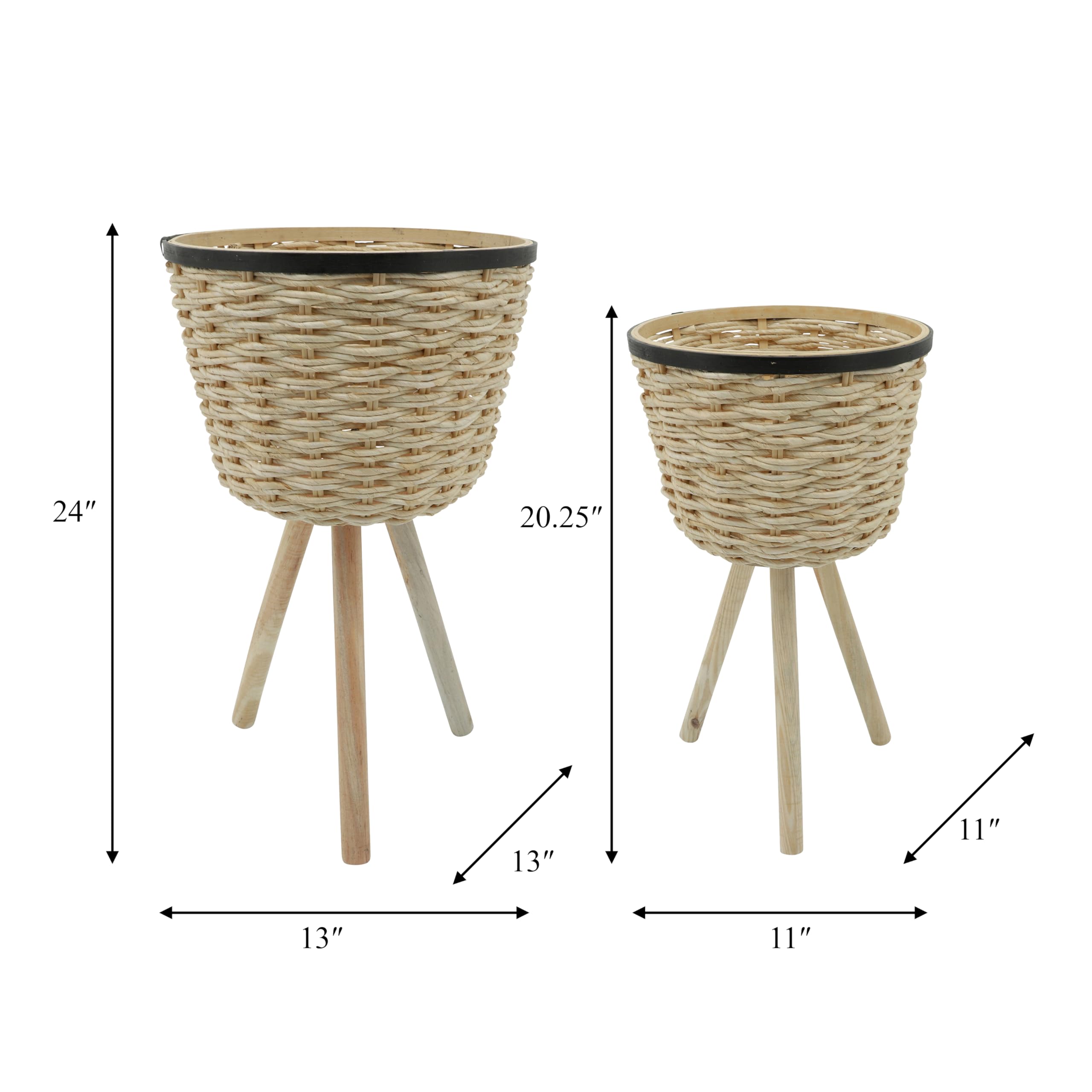 Set of 2 Modern Bamboo and Wicker Planters with Rustic Brown Texture - Indoor Outdoor Decorative Plant Stand for Home Garden Patio Balcony Decor