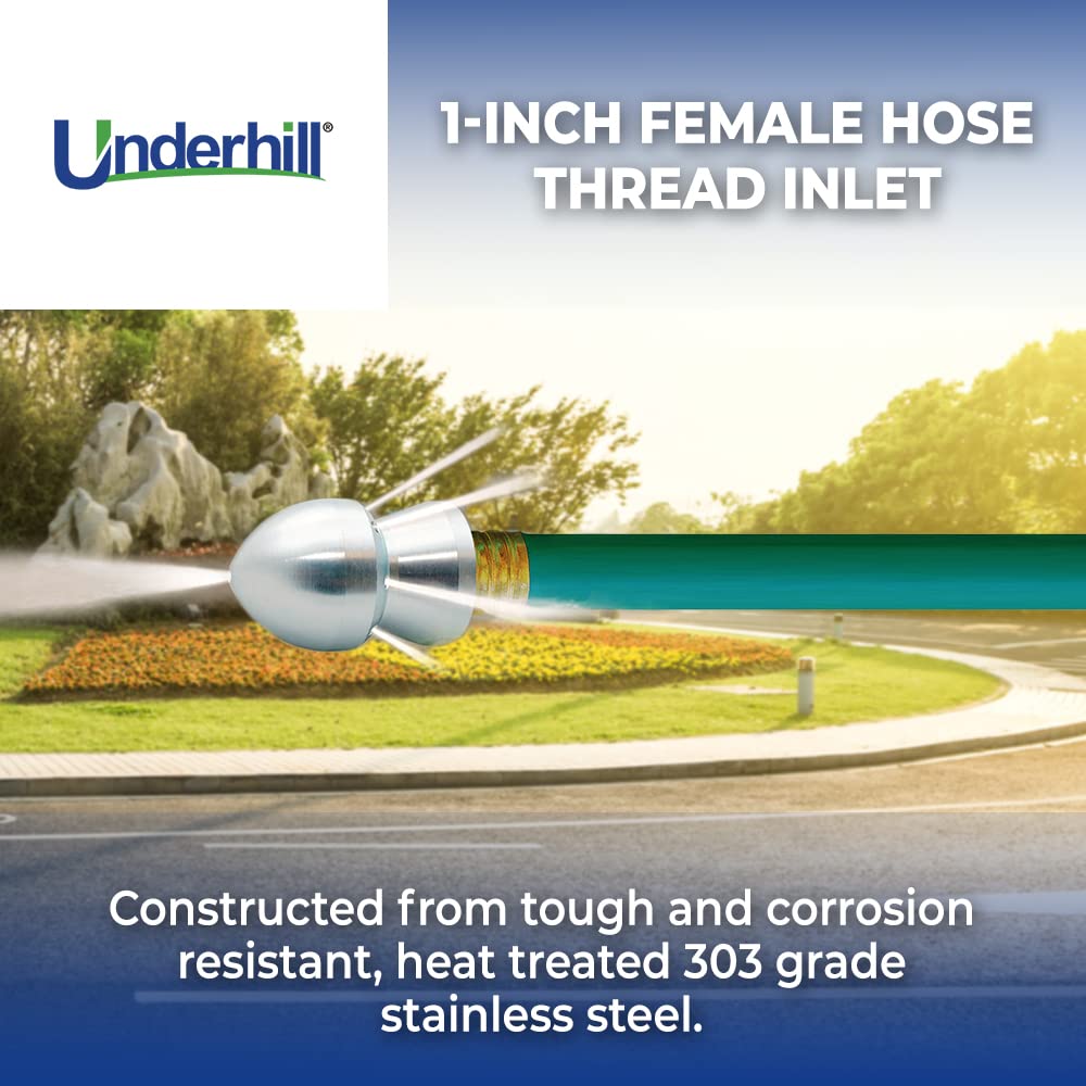 Underhill Drain Blaster High Pressure Hose Nozzle - 70 PSI Sewer Jetter & Washer Attachment with 1-Inch Female Thread (DN-10) for Clog Removal, Pipe Cleaning & Outdoor Washing