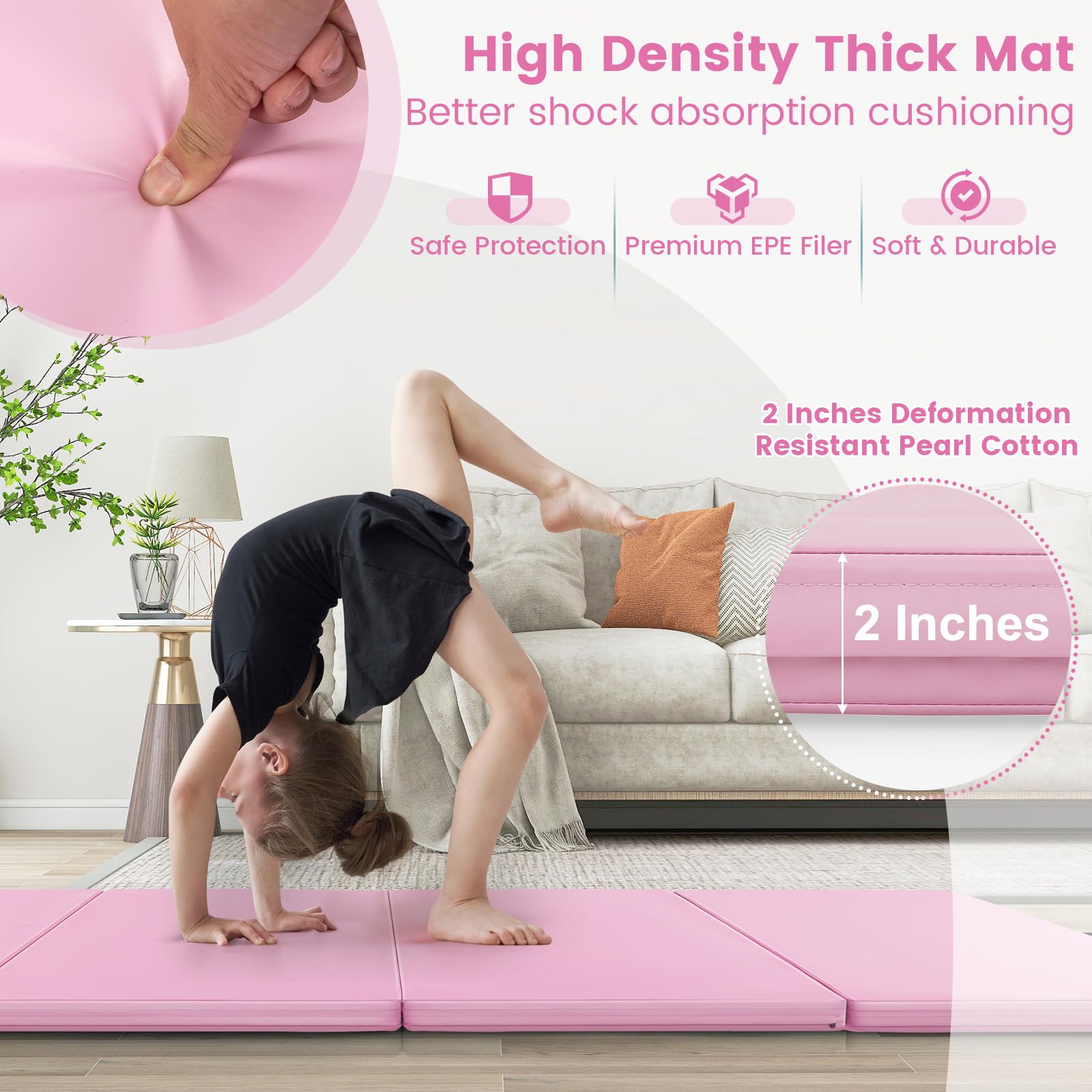Goplus 10'x4'x2'' Folding Gymnastics Mat - Thick PU Leather Tumbling Mat with Hook & Loop Fasteners & Portable Handles - 4-Panel Exercise Mat for Home Gym, Yoga, Gymnastics, Martial Arts & Kids Play Area