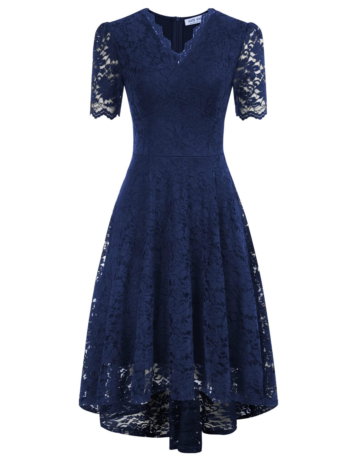 Elegant Women's Scalloped V-Neck Lace High-Low Cocktail Dress for Wedding Guest, Bridesmaid, Evening Party | Perfect for Formal Events, Prom, Dinner Date & Special Occasions