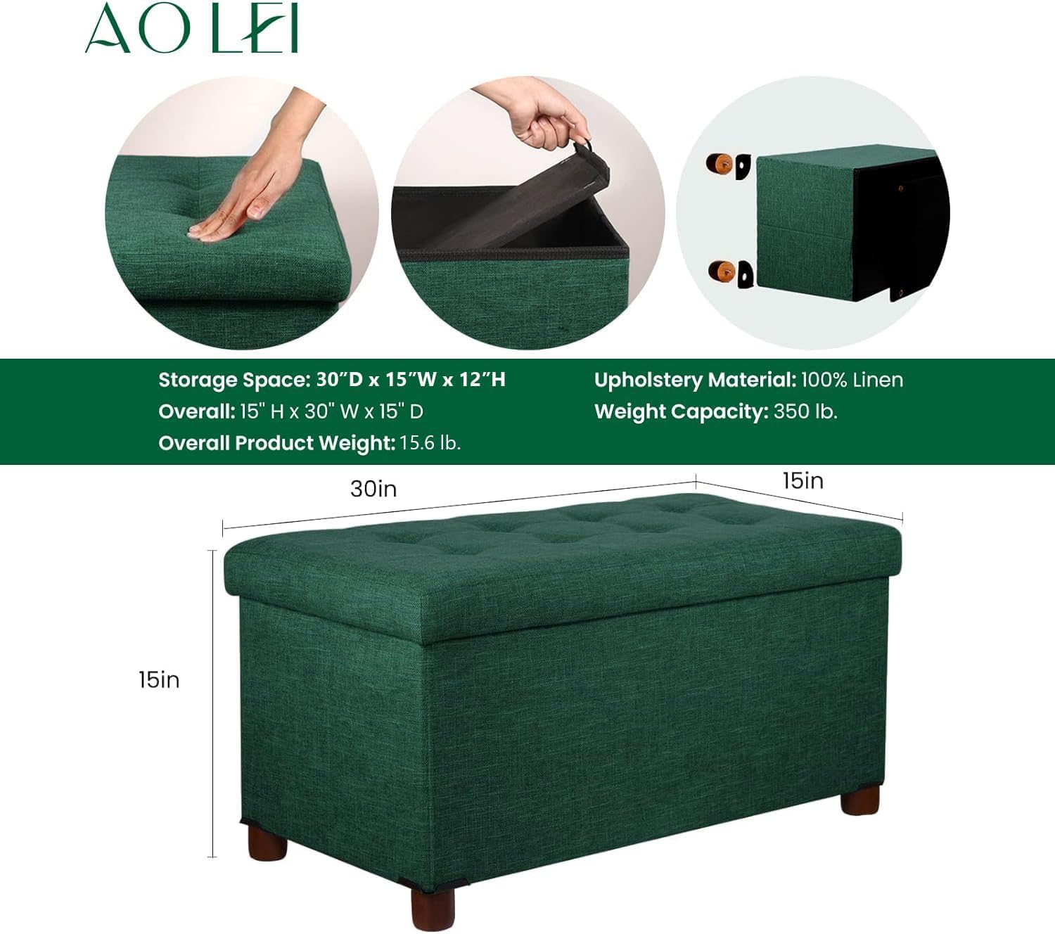 30 Inch Storage Ottoman Bench with Wooden Legs - Linen Fabric Green - Multi-Functional Foot Rest & Seat with Removable Lid - Perfect for Living Room, Bedroom End of Bed & Entryway Storage Solution