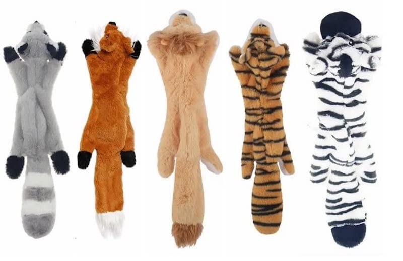 Laytek 5 Pack Durable Squeaky Dog Toys - Double Layer Reinforced Fabric, No Stuffing Plush Set for Small to Large Dogs (Raccoon, Squirrel, Lion, Tiger, Zebra) - Perfect for Indoor Play, Outdoor Fun, and Training Sessions