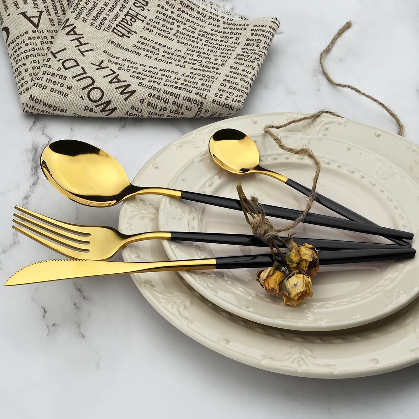 24-Piece Gold Mirror Silverware Flatware Set with Black Handle - 18/0 Stainless Steel Cutlery (Knife, Fork, Spoon, Teaspoon) - Service for 4 - Elegant Dinnerware for Formal Dining, Wedding Gifts & Home Entertaining