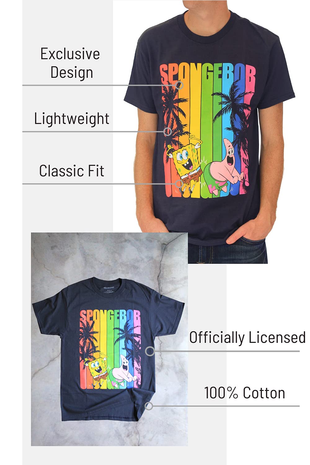 SpongeBob SquarePants Surf Pride Classic Cartoon Graphic T-Shirt for Men - Soft Cotton Adult Tee - Casual Wear, Beach Outfit & Cartoon Lover Gift