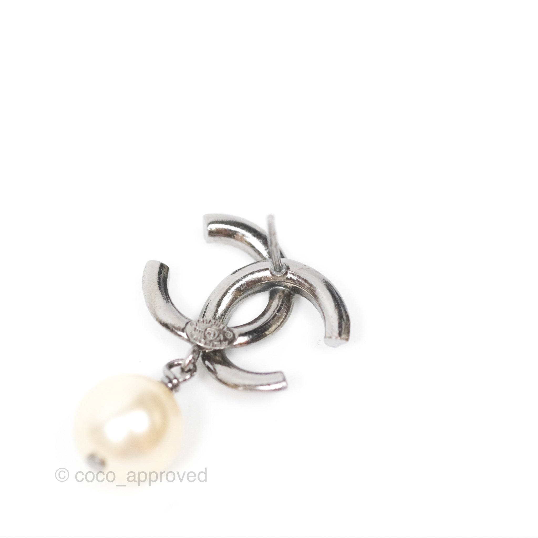Chanel CC Pearl Drop Earrings in Gun Metal - Elegant Luxury Jewelry for Women | Perfect for Parties, Weddings & Special Occasions