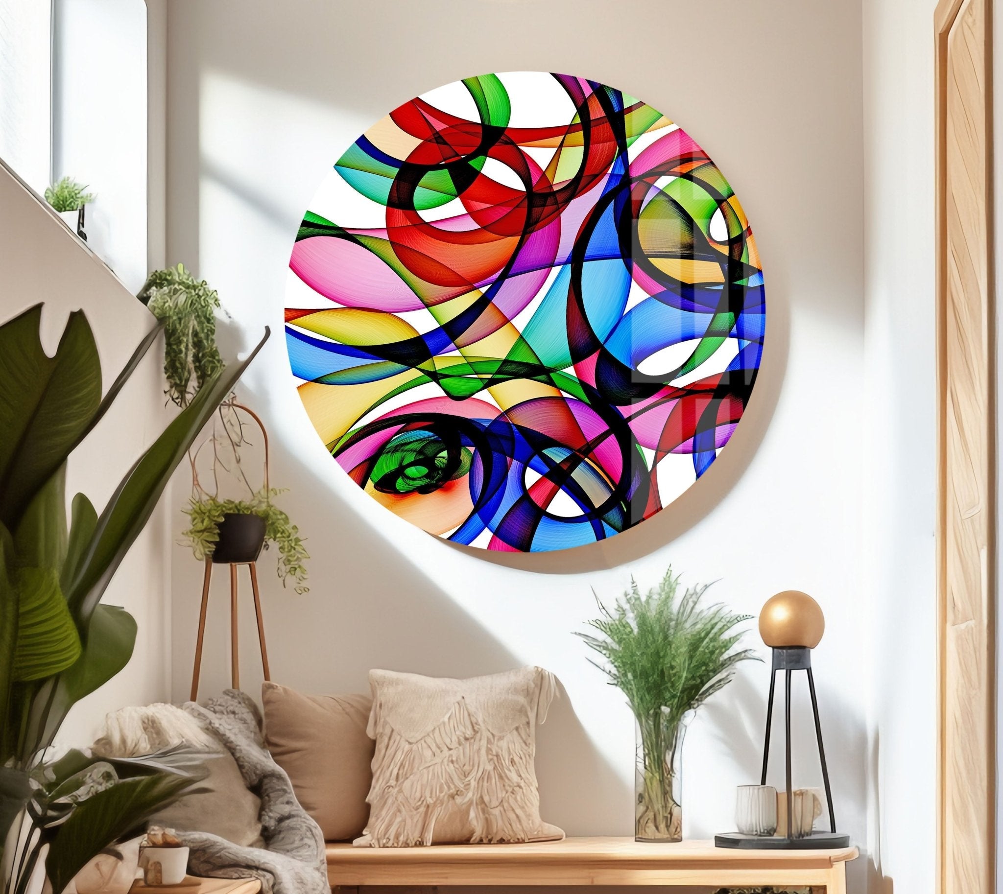 Abstract Circles Glass Wall Art - Modern Geometric Home Decor for Living Room, Bedroom & Office - Handmade Glass Wall Hangings for Stylish Interior Design