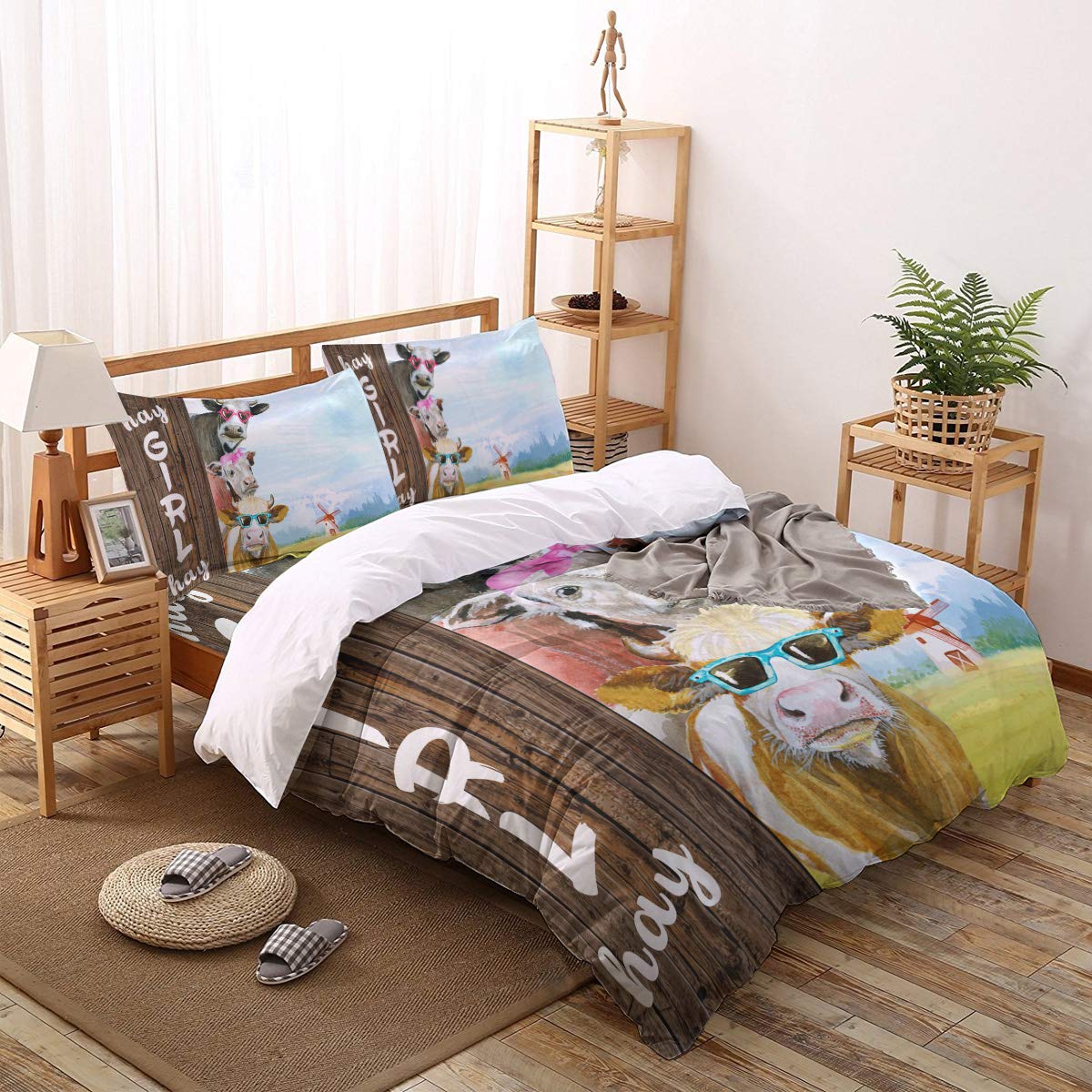4-Piece Farmhouse Duvet Cover Set - Cute Cow with Sunglasses Design, Ultra Soft Twin Size Bedding with Zipper Closure & Corner Ties - Perfect for Kids Room, Teen Bedroom or Farmhouse Decor