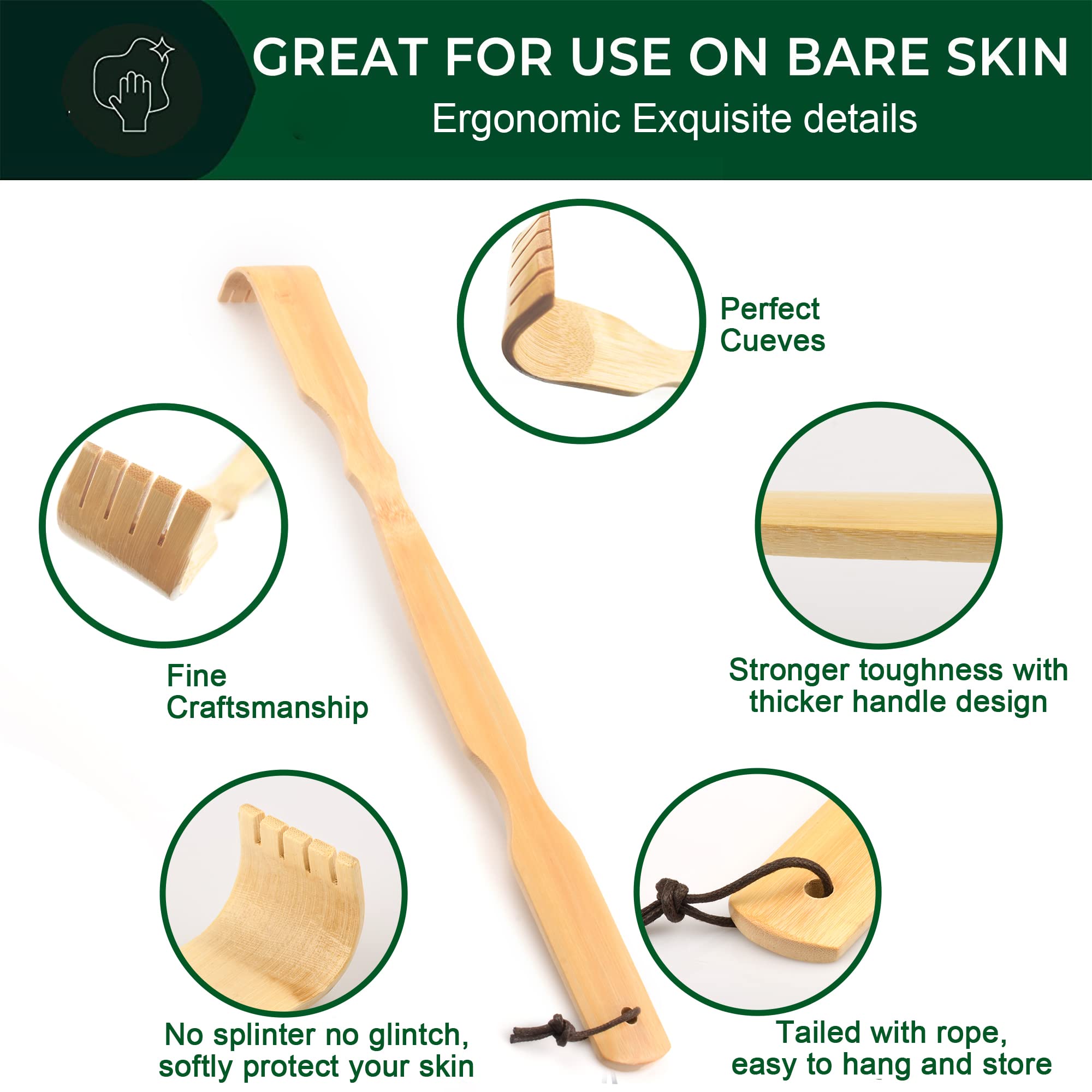Renook 4-Pack Wooden Bamboo Back Scratcher - 17 Inch Long Handle Back Scratchers for Adults, Men & Women - Natural Wooden Back Itching Relief Tool - Perfect for Home, Office & Travel Use