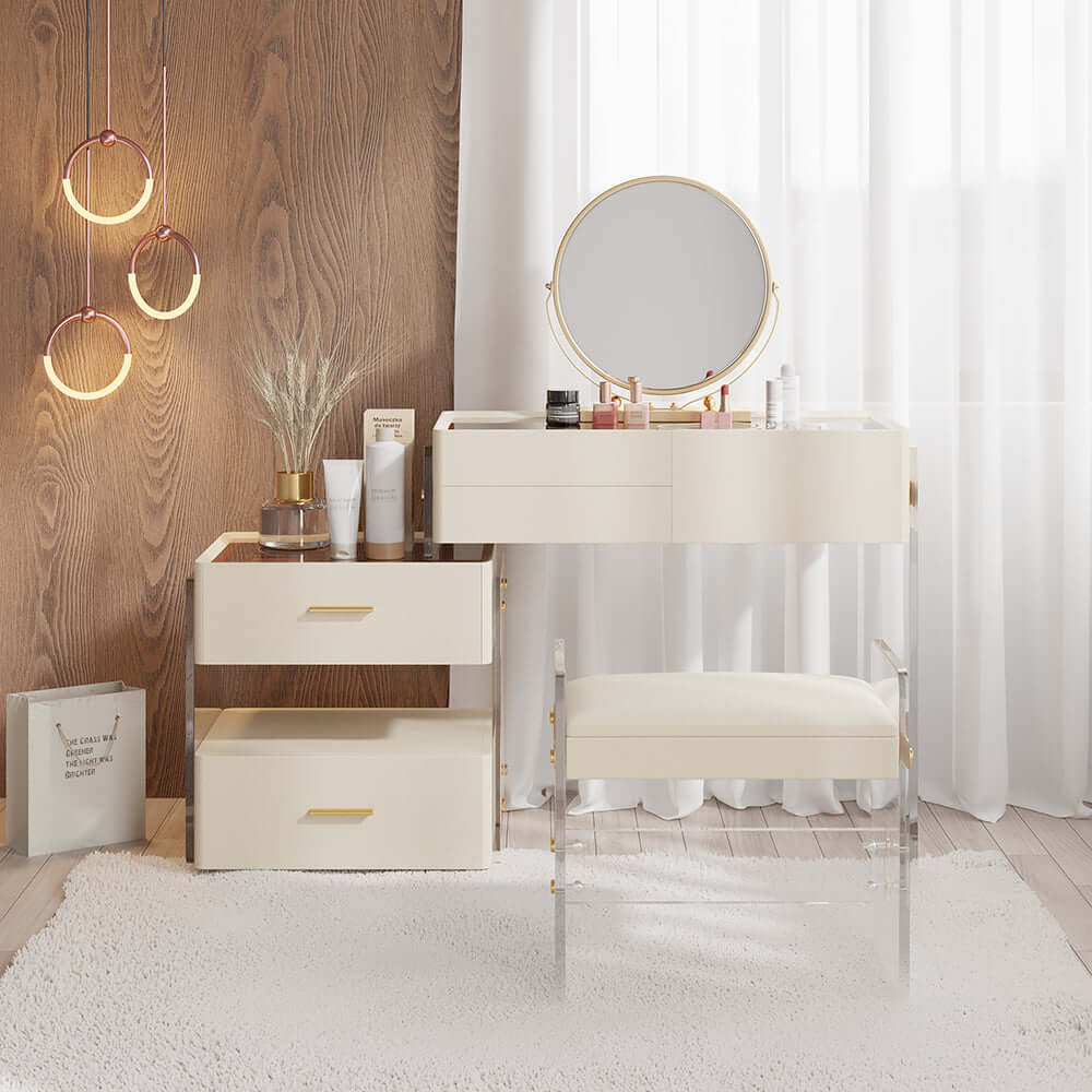White Extendable Acrylic Makeup Vanity Set with Mirror, Stool & Drawers - Perfect for Bedroom, Dressing Room & Small Space Organization