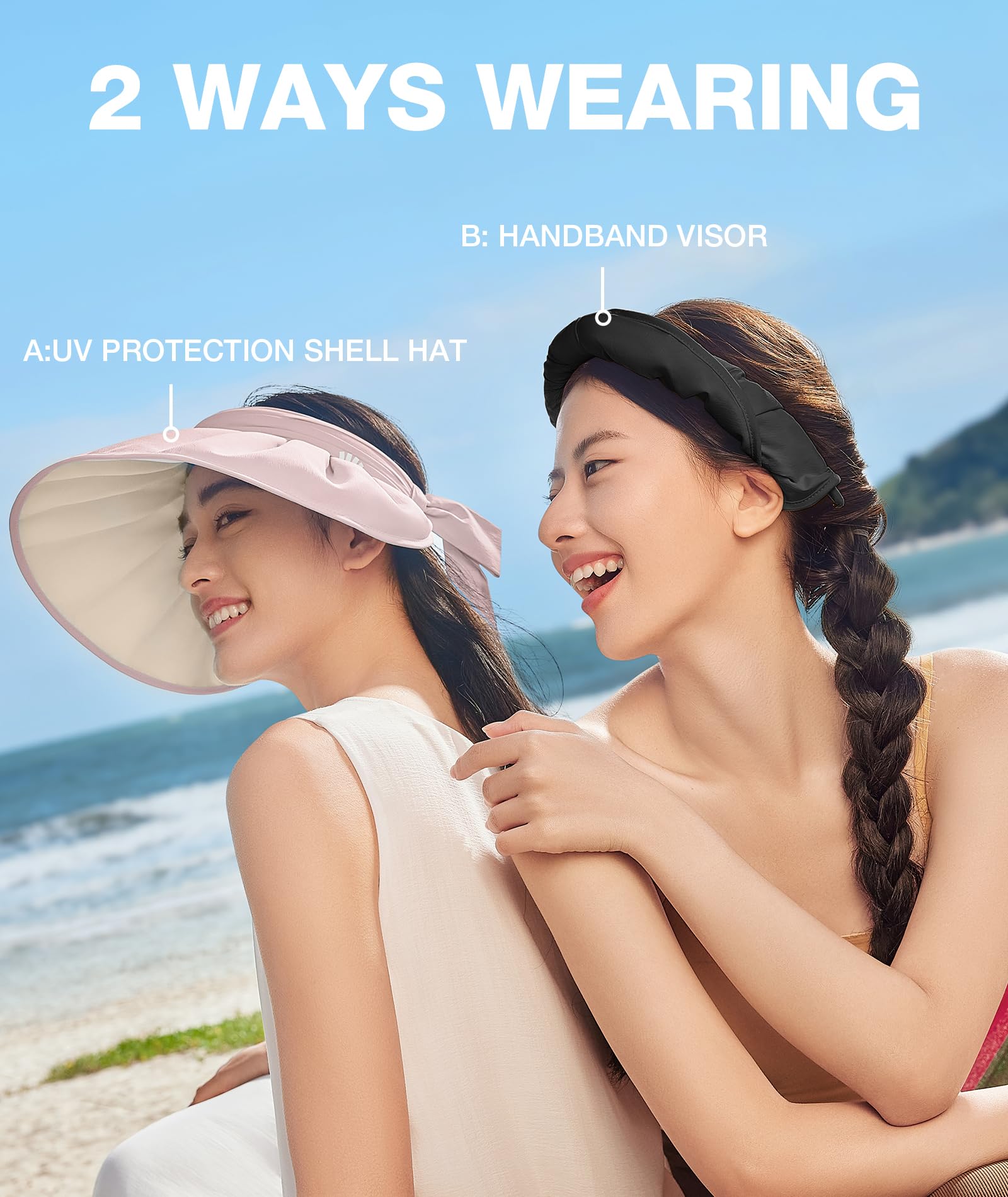 BENEUNDER Women's UPF50+ UV Protection Visor Hat - Adjustable, Foldable Wide Brim Sun Hat for Summer Travel, Lightweight & Breathable - Perfect for Beach, Hiking, Golf & Outdoor Activities