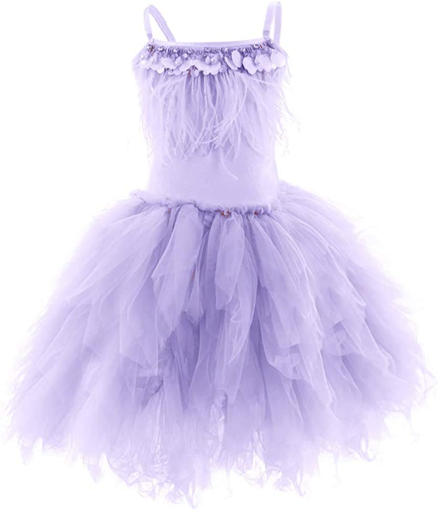 【Swan Princess】Feather Fringes Tiered Tutu Tulle Flower Girls Dress - Wedding, Ballerina Dance, Pageant, Birthday Party, Prom Gown for Kids & Toddlers