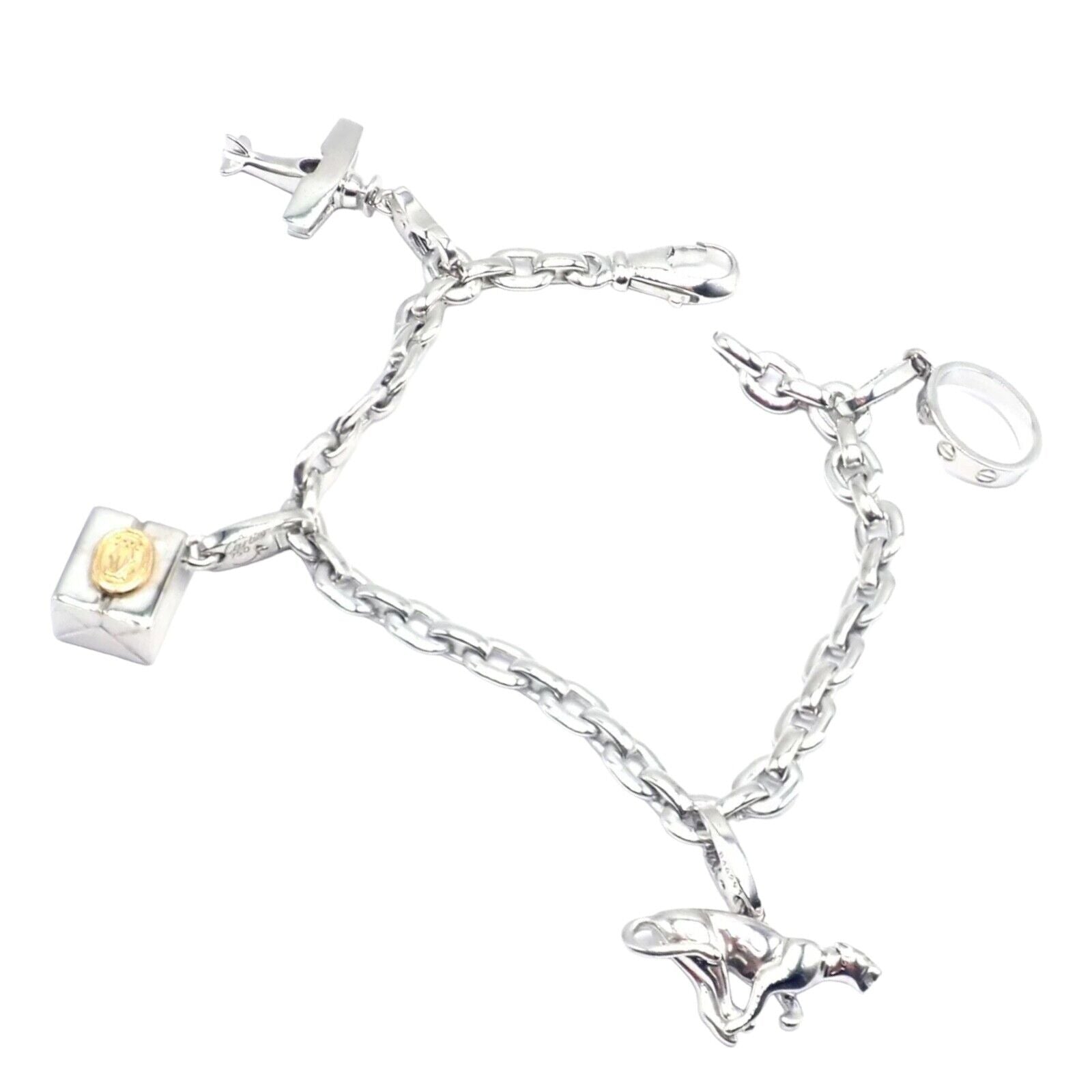 Authentic Cartier 18k White Gold Bracelet with 4 Charms - Panther, Airplane, Love & Box Link | Luxury Jewelry Gift for Women, Anniversary & Special Occasions