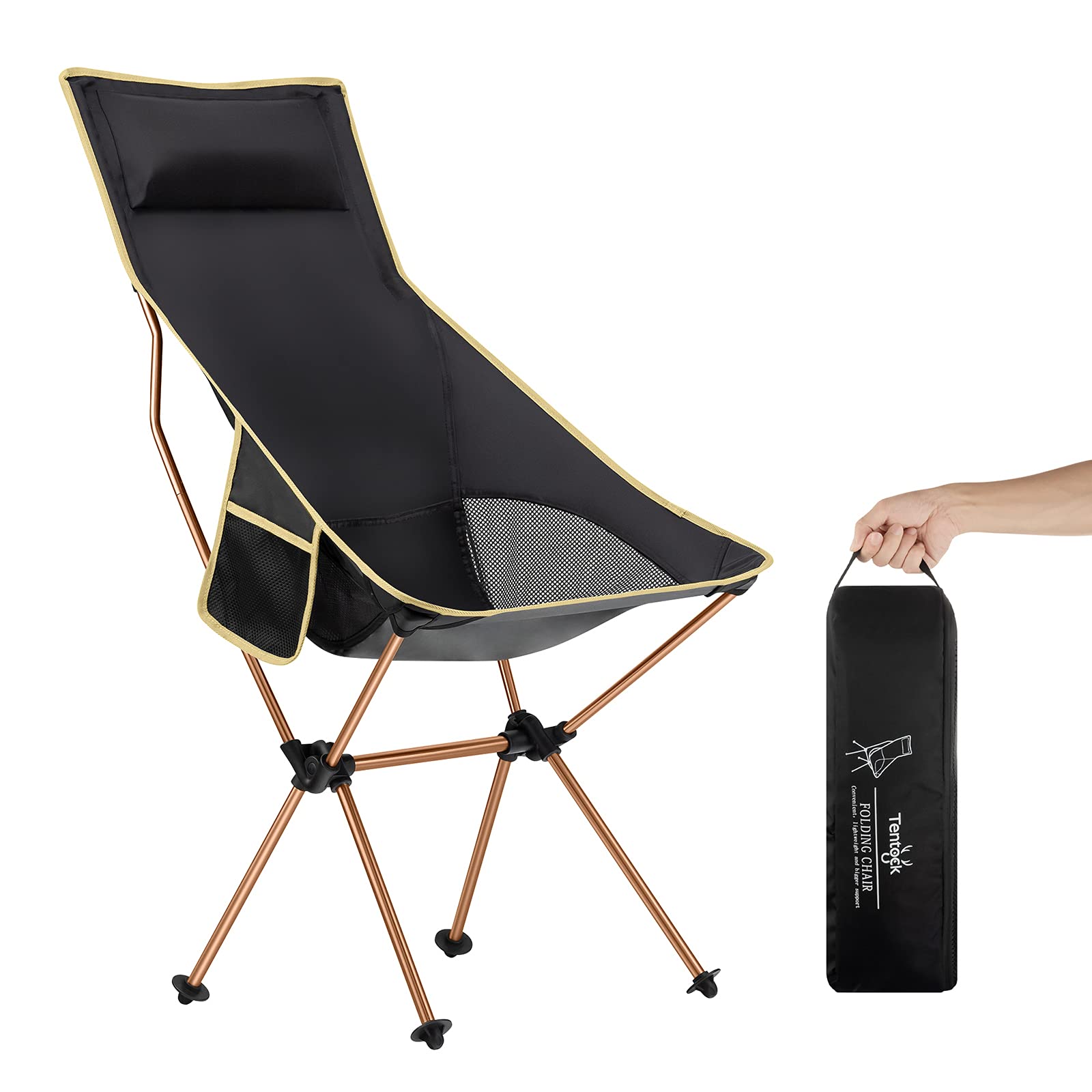 Tentock Portable Folding Camping Chair - Lightweight Compact Backpacking Chair with High Back & Rocking Feature for Outdoor Adventures, Hiking, Beach, Picnics (Gold)