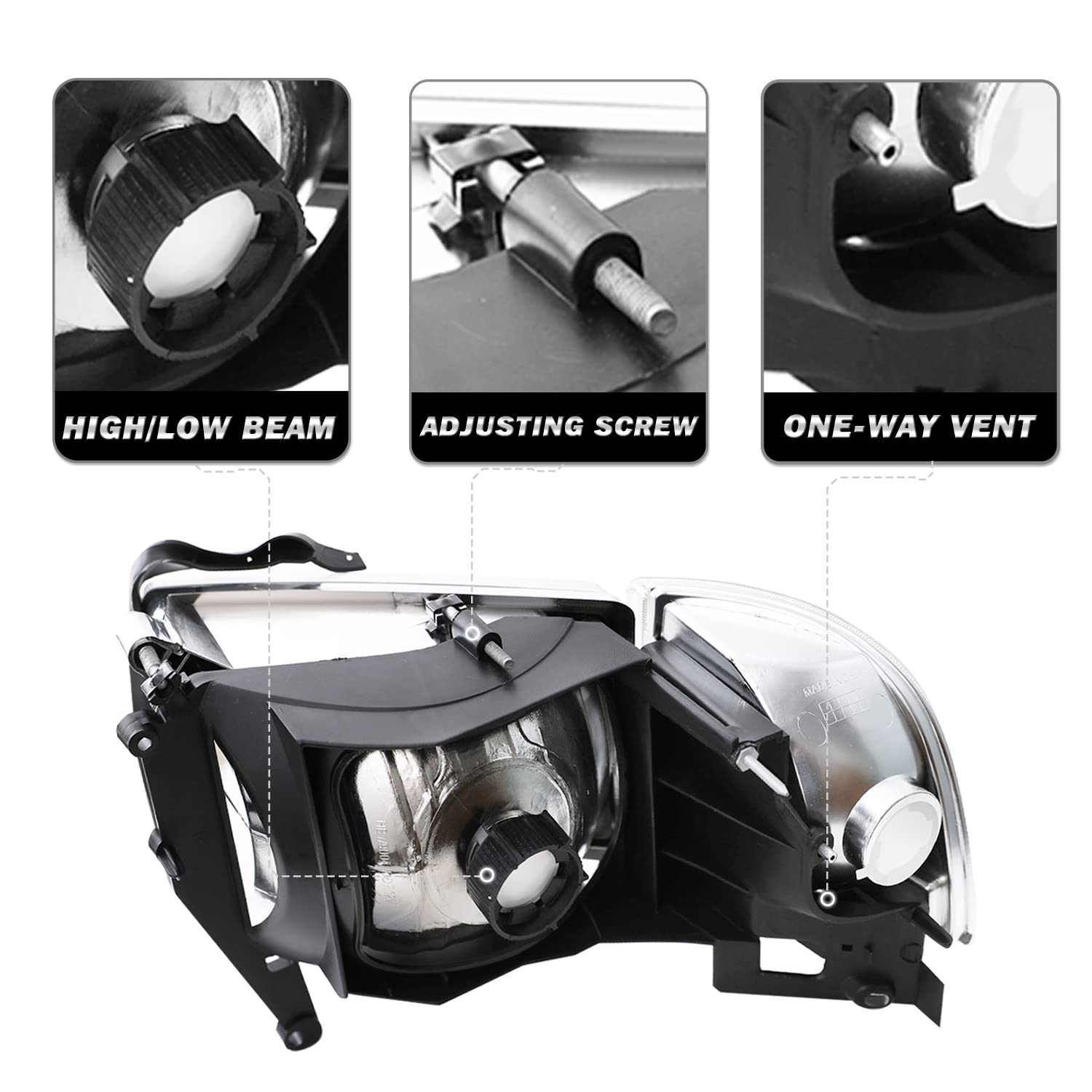 Halogen Headlight Assembly Replacement for 1994-2001 Dodge Ram 1500 & 1994-2002 Dodge Ram 2500/3500 Pickup Truck - 4PC Headlamp Kit with Corner Lights & Chrome Housing (Bulbs Included) - Perfect for Night Driving & Off-Road Adventures