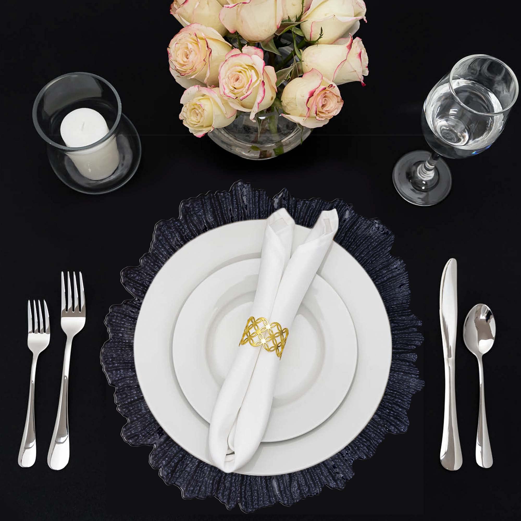 Elegant Coral Reef Glass Charger Plate Set of 8 - 13 Inch Black Glossy Dinner Plates for Parties, Weddings, Quinceañeras & Special Events - Perfect for Formal Dining, Buffet Service & Table Decor