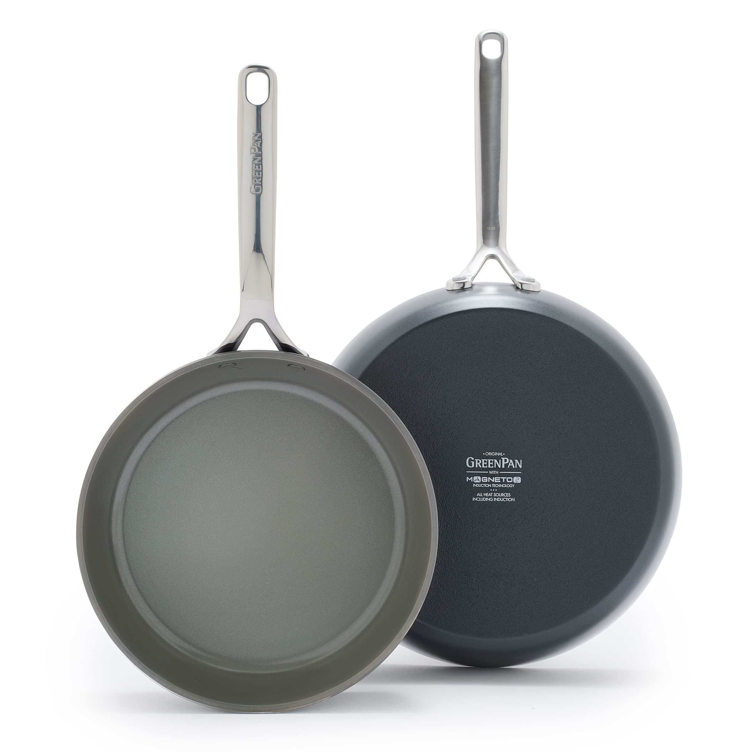 GreenPan GP5 Hard Anodized Healthy Ceramic Nonstick 9.5” & 11” Frying Pan Set - PFAS-Free, Induction Compatible, Oven Safe to 600°F - Scratch Resistant, Stay-Flat Surface for Even Cooking - Perfect for Sautéing, Frying & Baking in Modern Kitchens