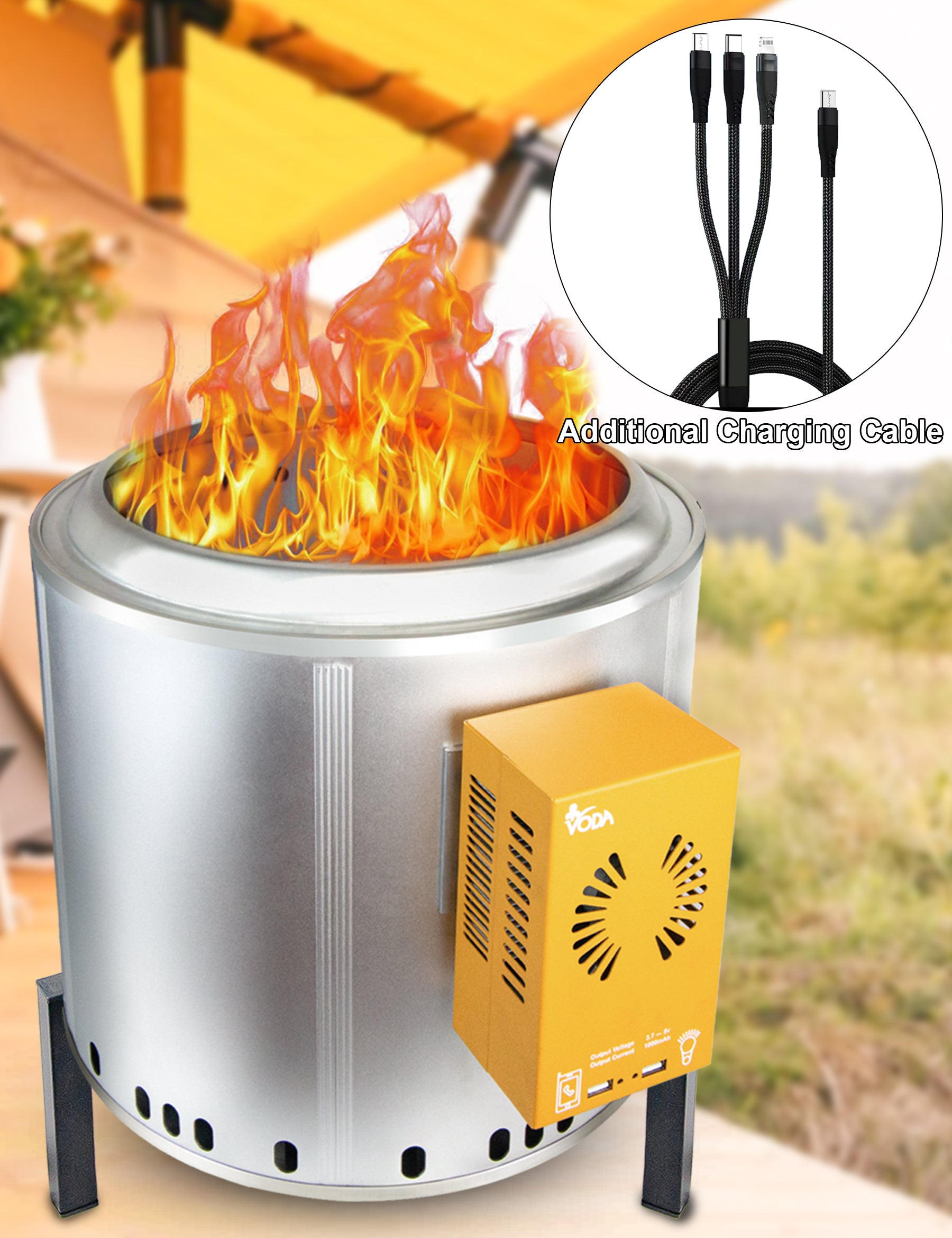 VODA 15'' Large Smokeless Fire Pit with Heat-Powered Generator - Portable Outdoor Camping Fire Pit for Phone Charging & Lighting Power Supply